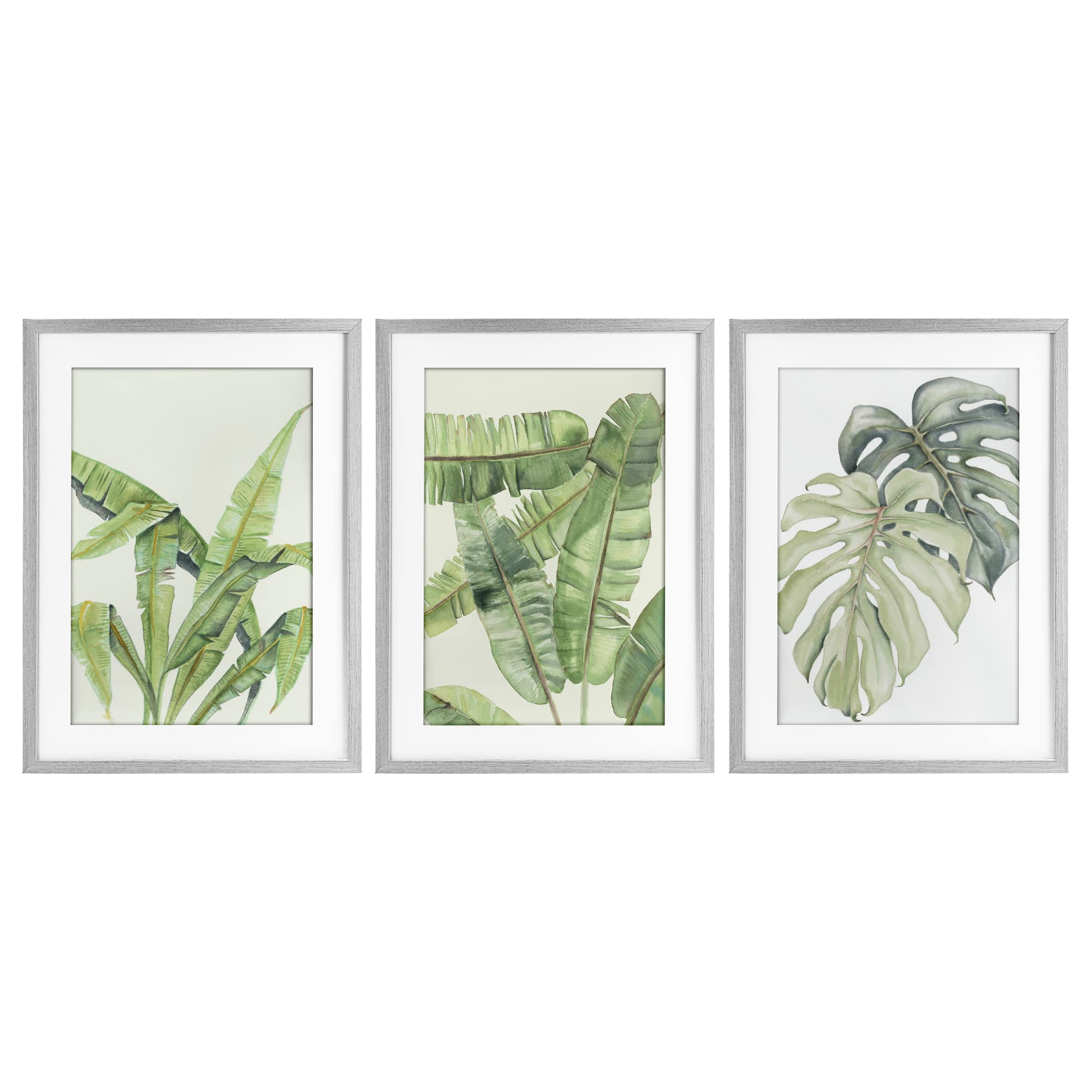 Stupell Industries A3-486-MFG-3PC-17X23 Tropical Leaves Collection Gray 3pc Framed Print Under Glass Set 17 x 23