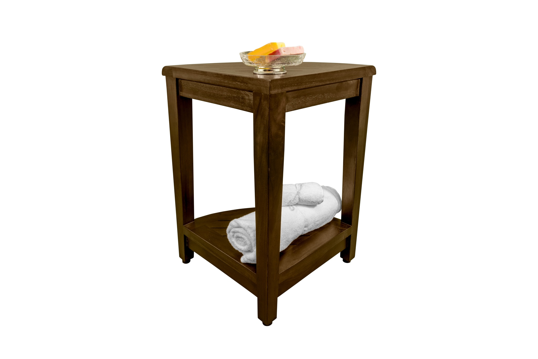 23" Dark Brown Teak Corner Shower Shelf with Adjustable Feet