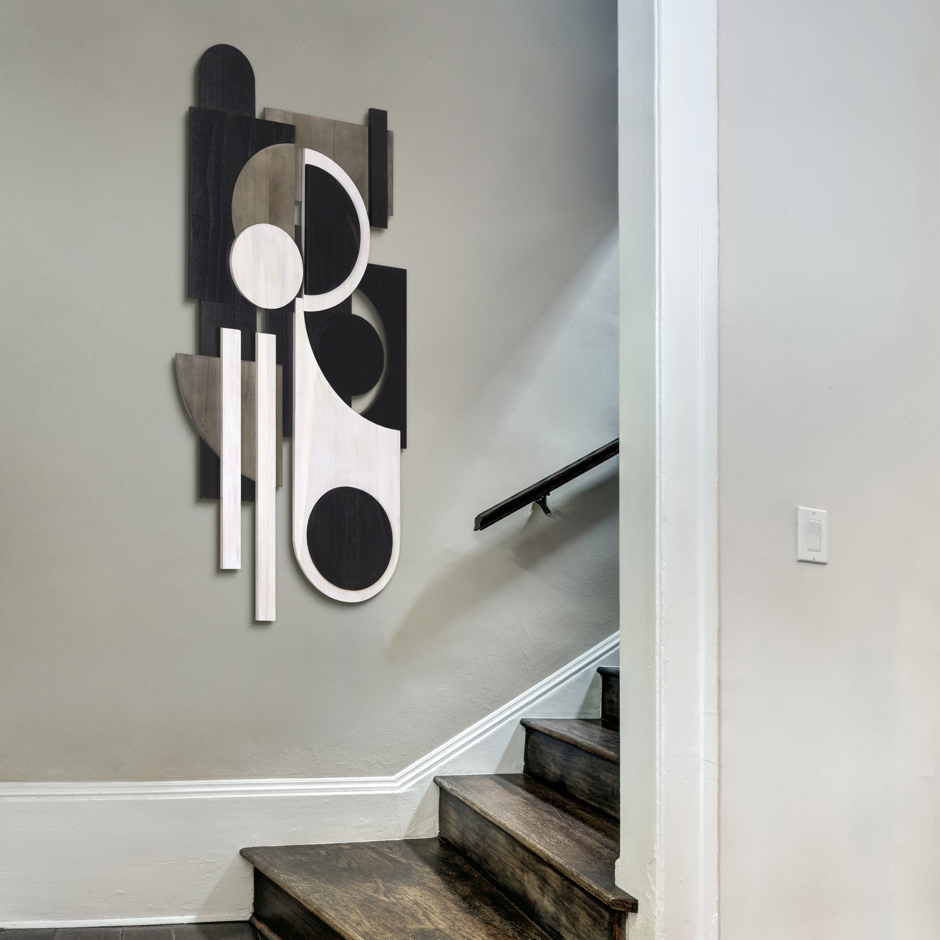 Luminous Whisper 48" x 24" Black and White Paulownia Wood Abstract Wall Art