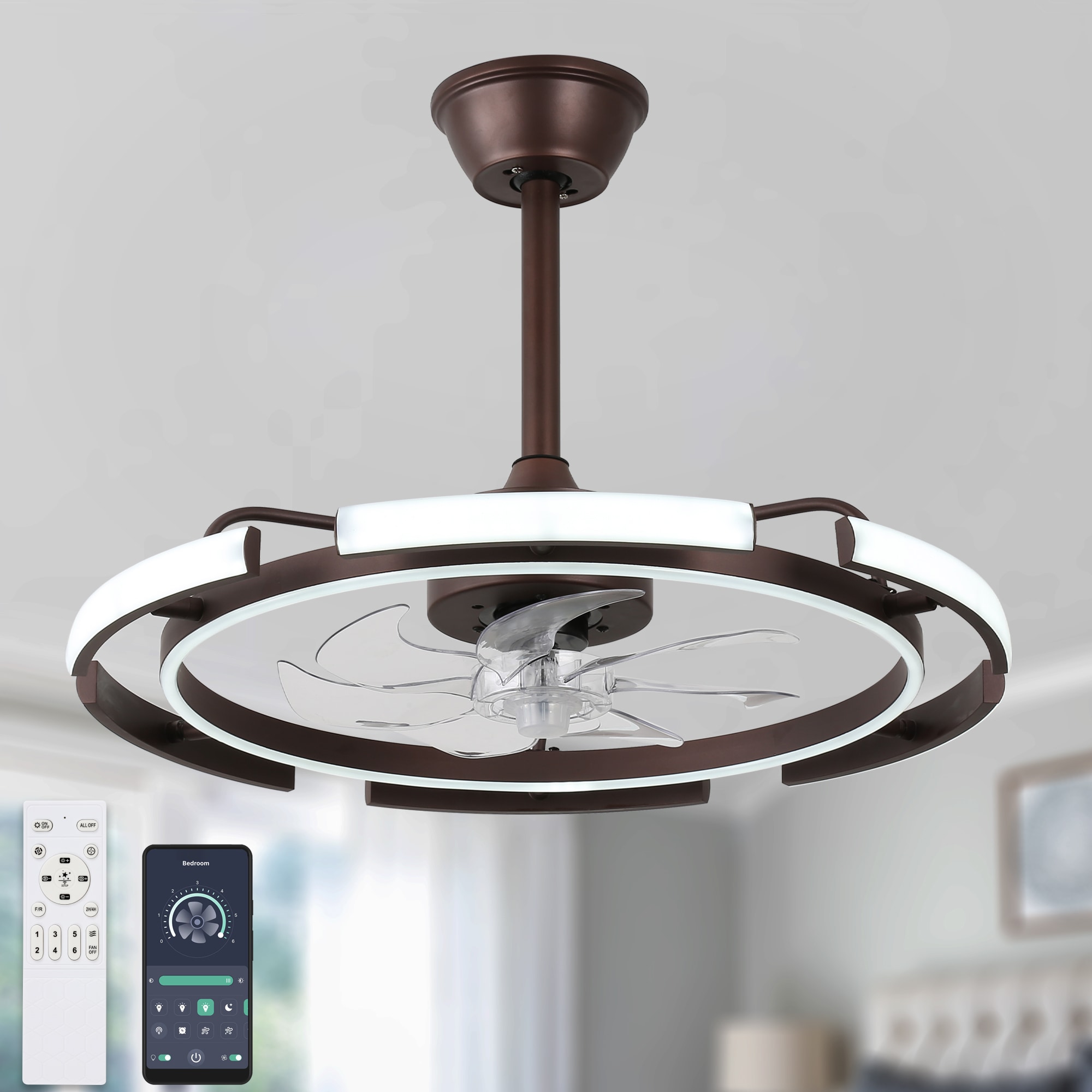 Bella Depot DCFS2403-K 24-in Color-Changing Integrated LED Brown with Clear Blades Fandelier Ceiling Fan With Light - Remote Included ( 7 -Blade )