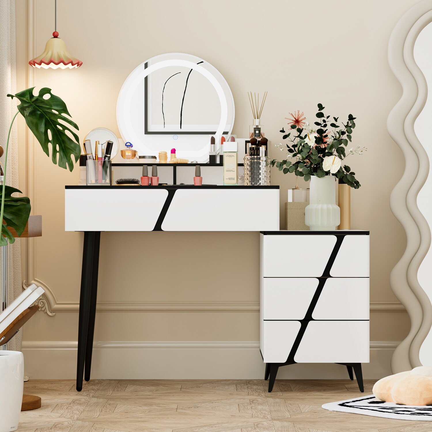 FUFU&GAGA Contemporary White Makeup Vanity Table with 9 Drawers and Mirror  - Ample Storage Space for Beauty Essentials in the Makeup Vanities  department at