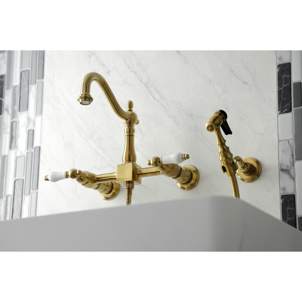 Kingston Brass Heritage Brushed Brass Double Handle Wall Mount High Arc Kitchen Faucet With 