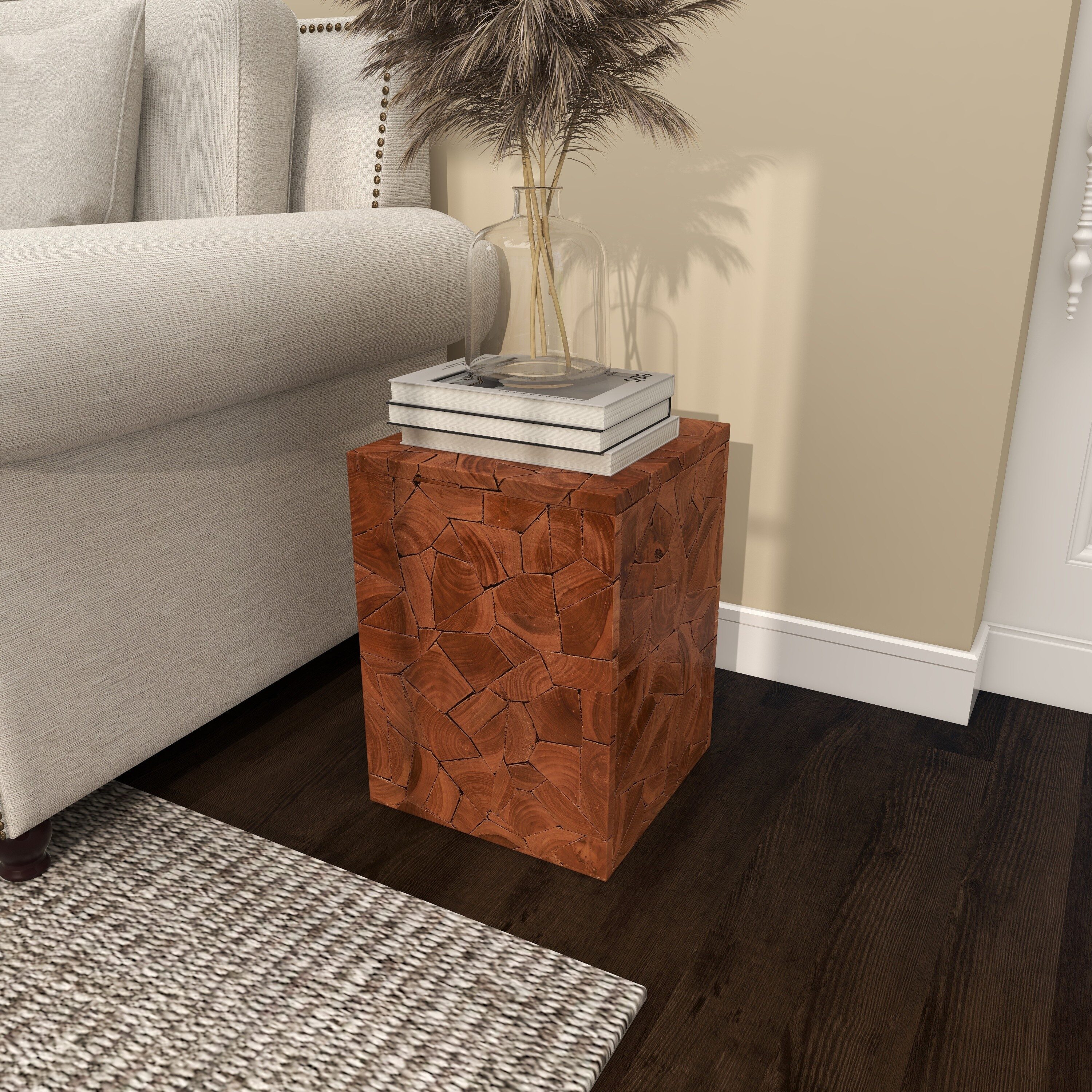 Handmade Teak Wood Mosaic Accent Table 12" Square in Brown