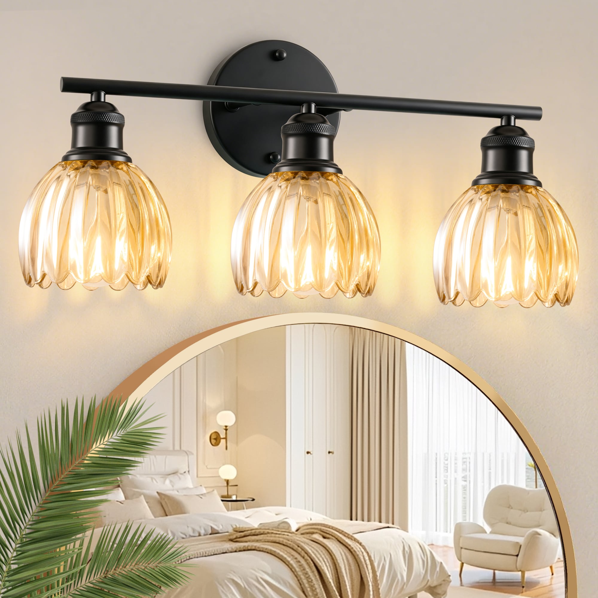 DAKAFUL 19-in 3 Light Black Vintage Bathroom Vanity Light Fixture with Amber Tulip Glass Shade for Bedroom Living Room Foyer Hallway