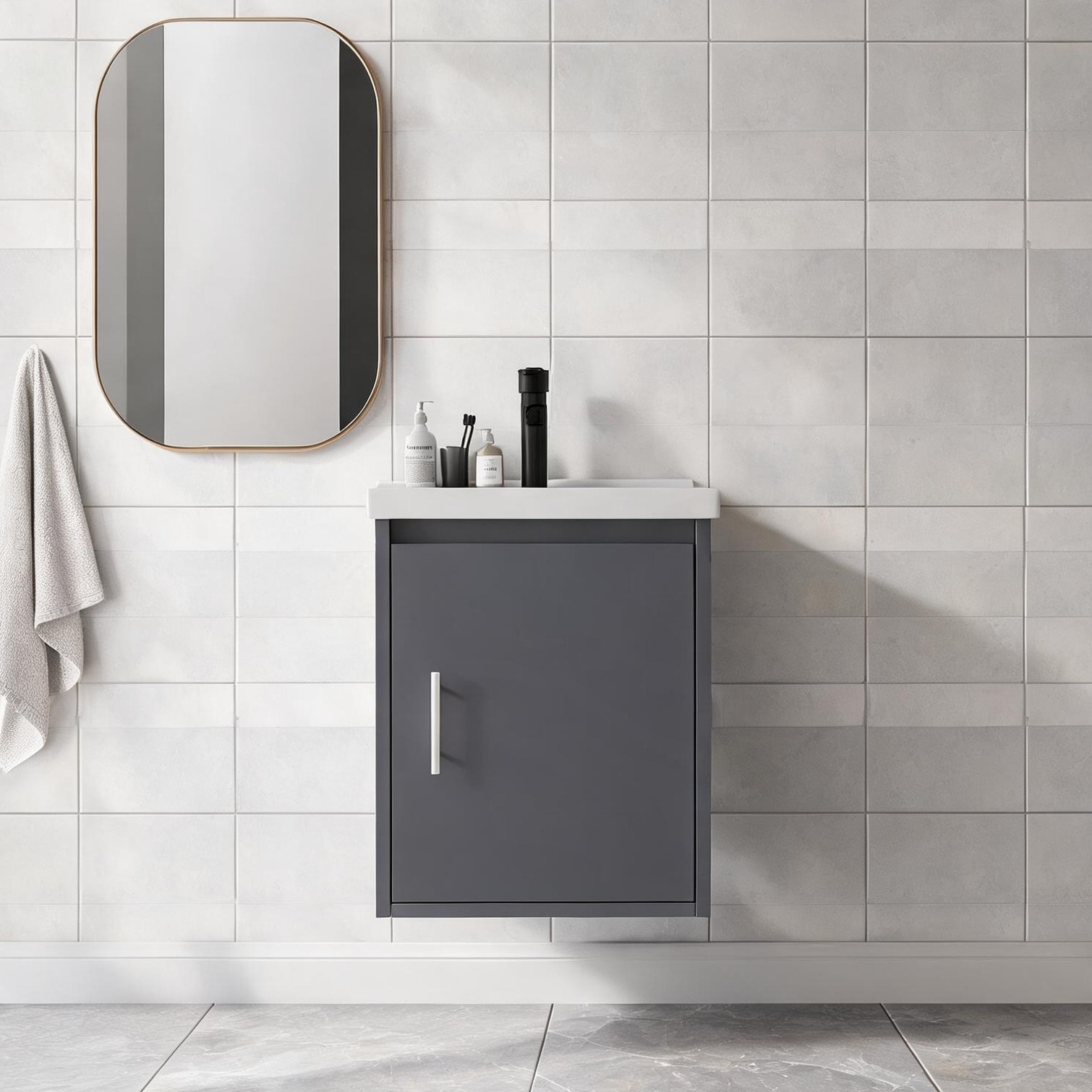 Watnature Modern 16-Inch Wall-Mount Bathroom Vanity with Integrated Ceramic Sink Gray-Toned Plywood Soft-Close Door