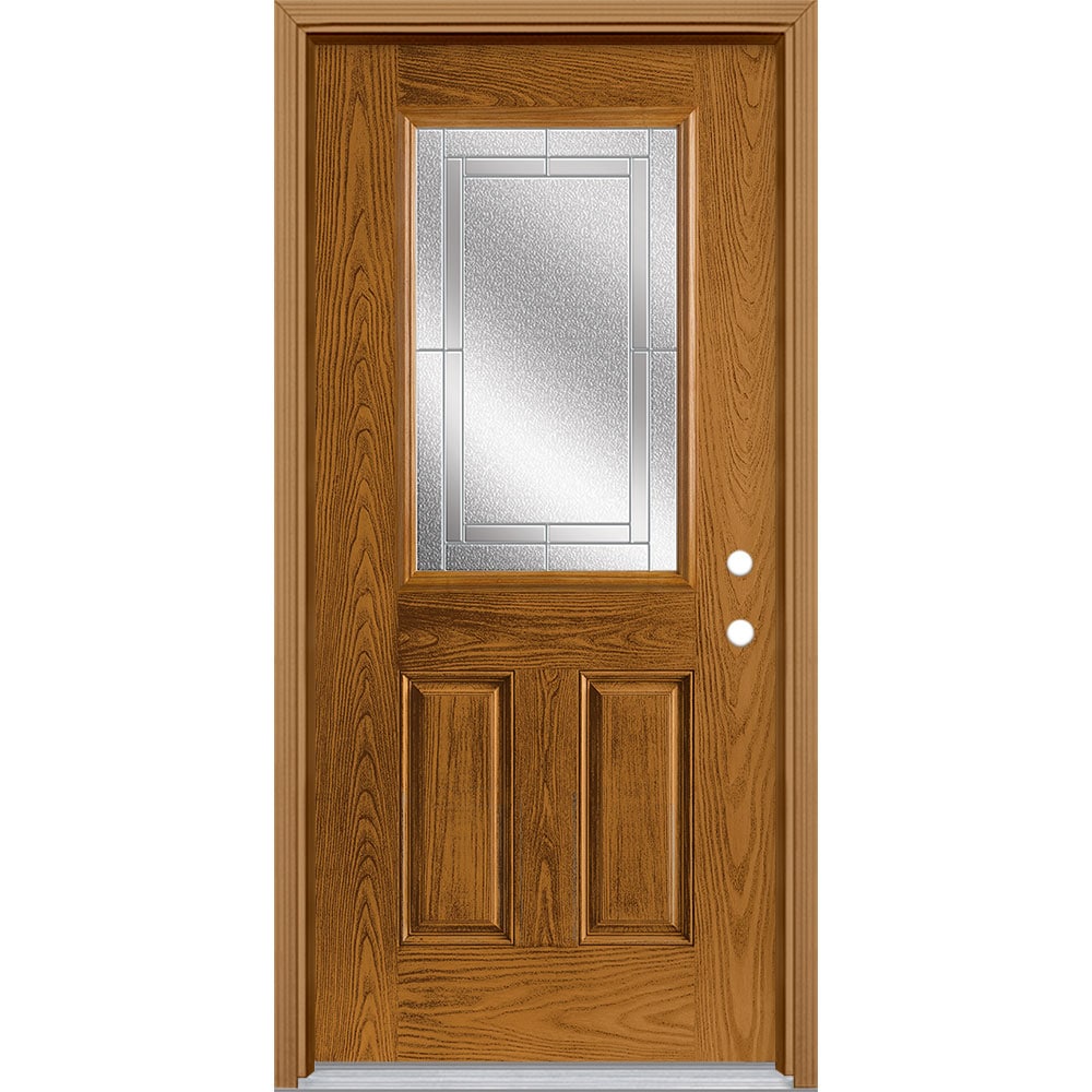 Masonite 3419729 Focus 36-in x 80-in x 4-9/16-in Fiberglass Half lite Left-hand inswing Oakcrest Stained Prehung Front Door with Brickmould Insulating core