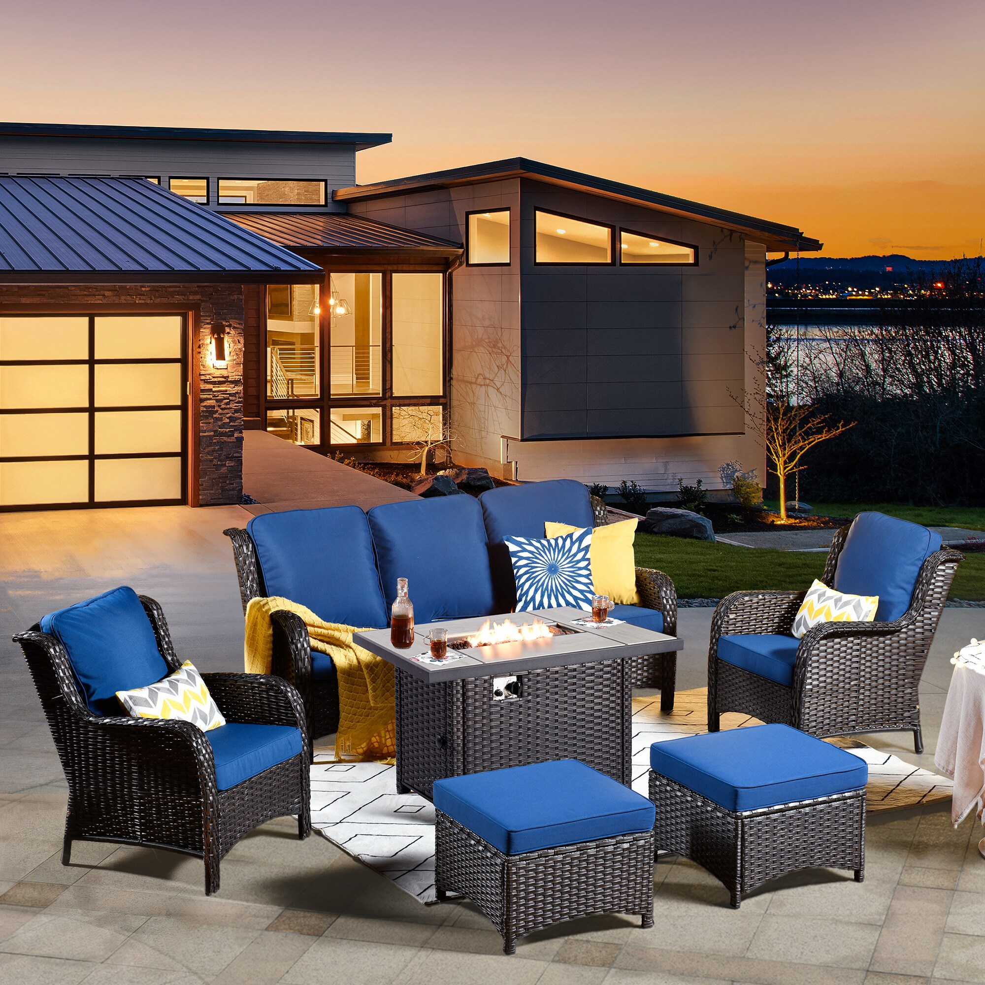 XIZZI XCT70063-CFP Vesta 6 -Piece Rattan Patio Sofa Conversation Set with Navy Cushions