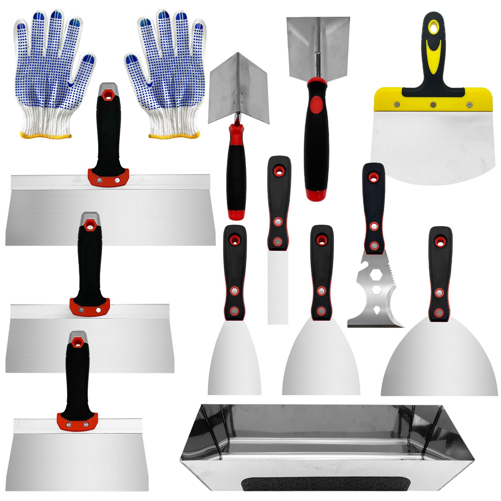 AOIZGMY  13 Pcs Drywall Knife Set Putty Knives Kit with Mud Pan 1 2 4 6 Spackle Knife 7 8 10 12 Taping Knife 3 Painter Scraper Inside Outside