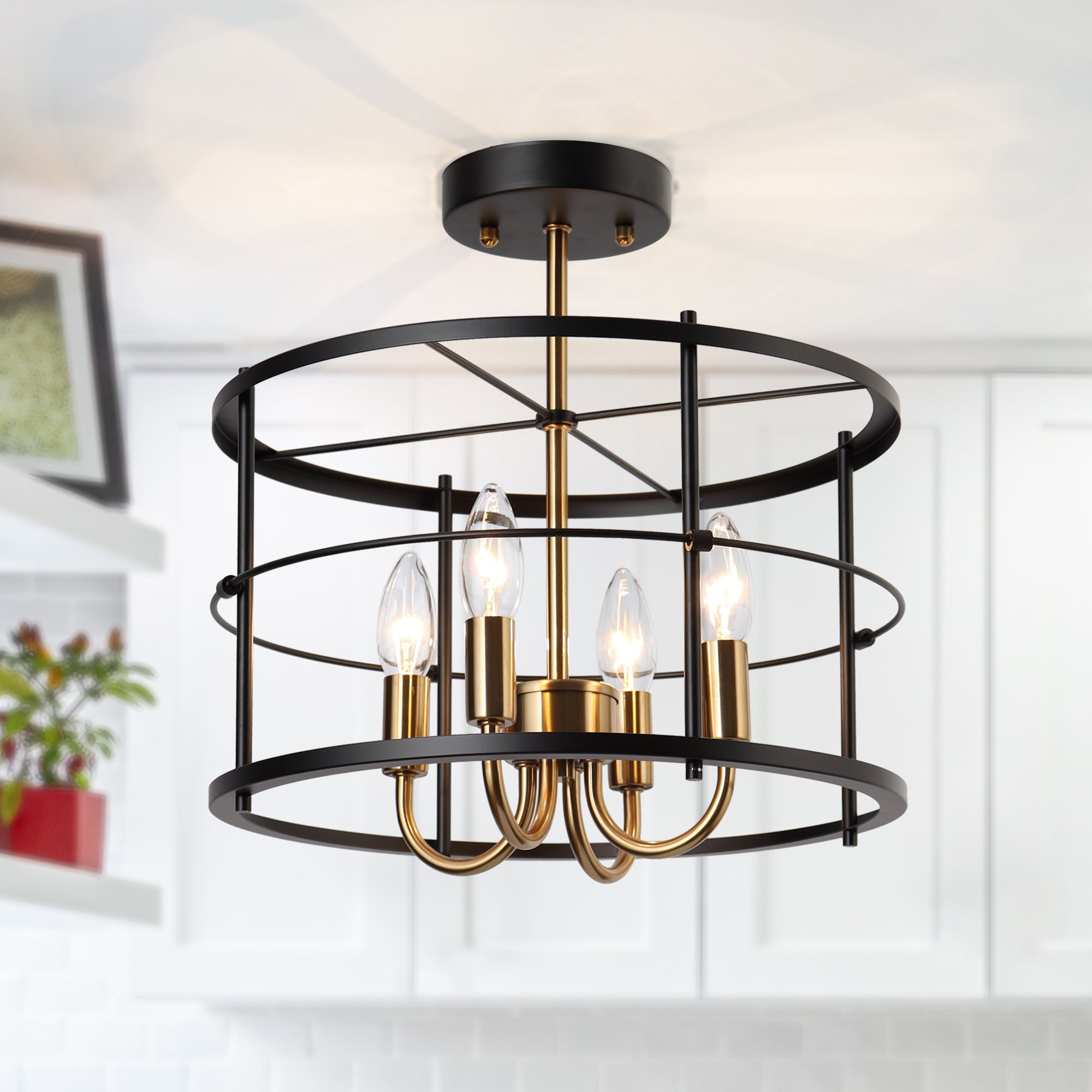 ZEVNI Drumia Mid-Century 13.8-in Matte Black 4 -Light Semi-flush Mount Light Metal