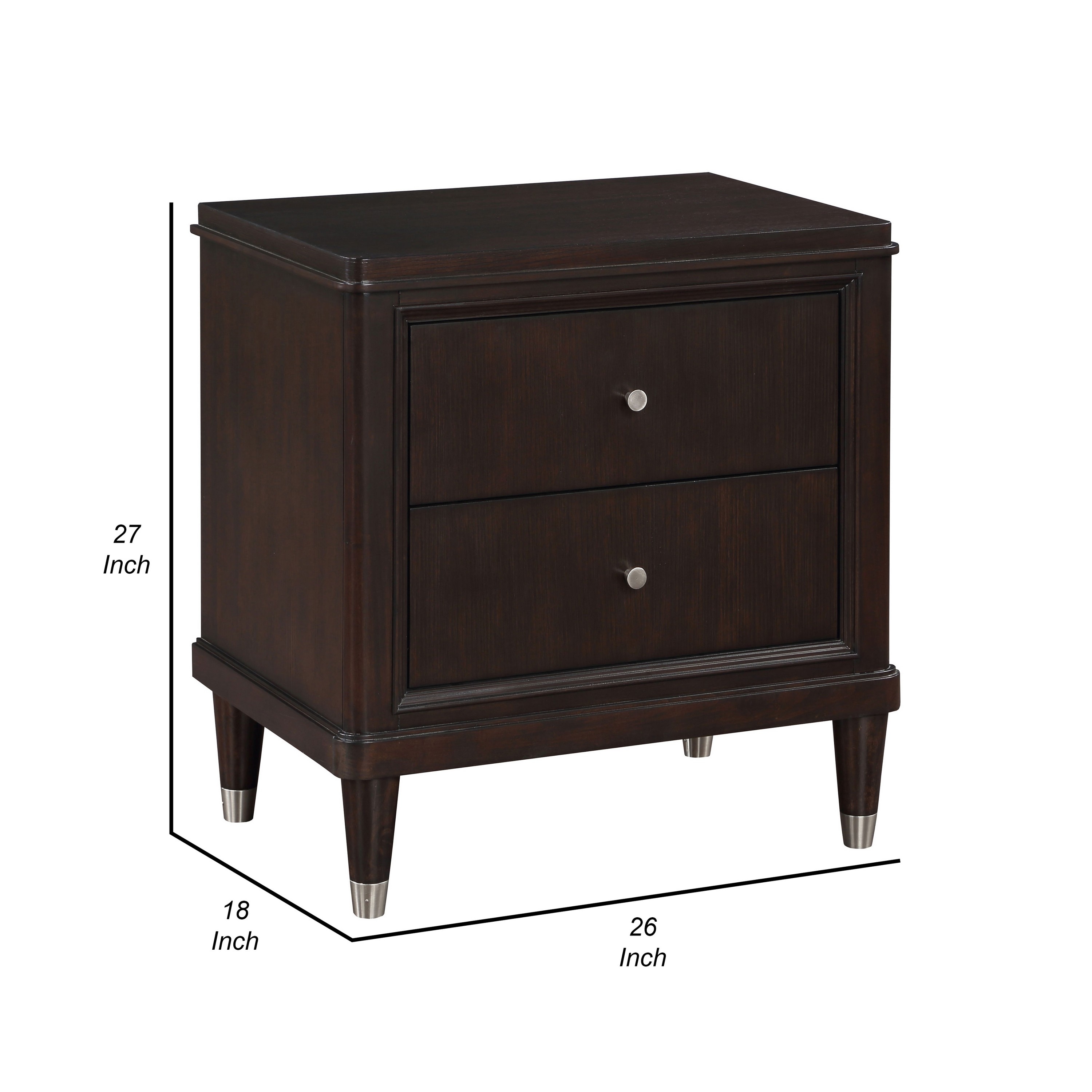 Benzara Amber Nightstand-2 Drawers-Round Metal Knobs-Tapered Legs-Brown ...