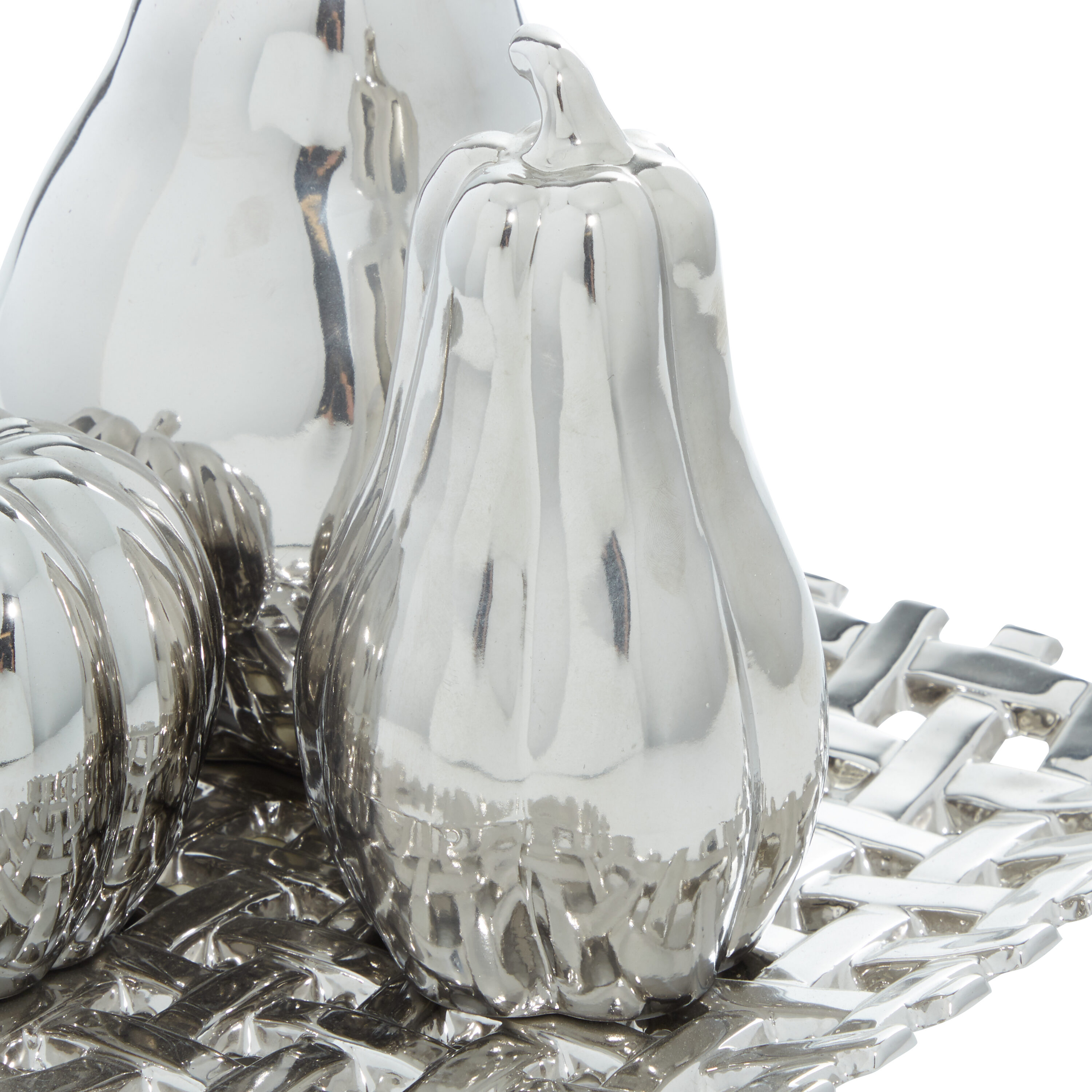 Silver Ceramic Fall Fruit Sculpture Set with Decorative Grid Plate