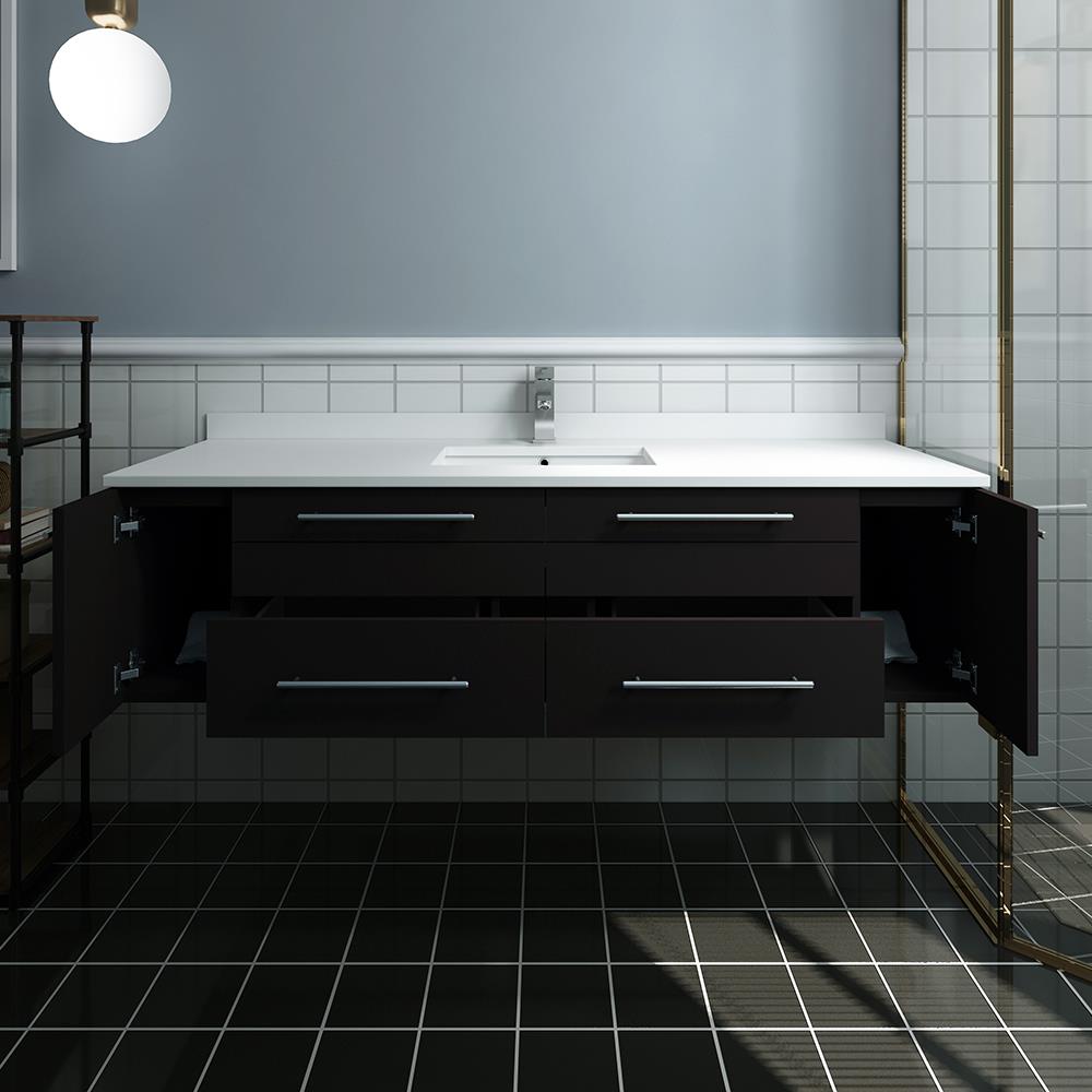 Espresso 60'' Wall-Mount Vanity with Quartz Top and Ceramic Sink