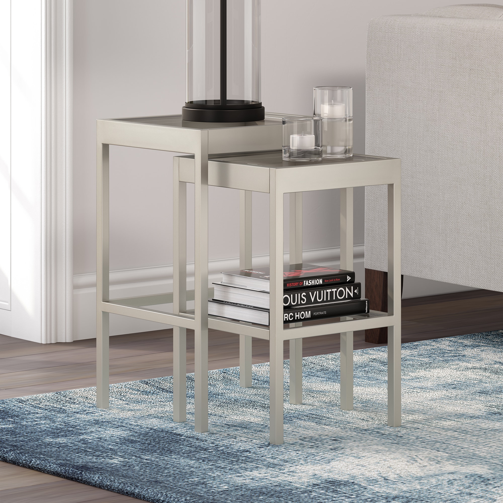 Alexis Silver Metal and Glass Nested Side Tables