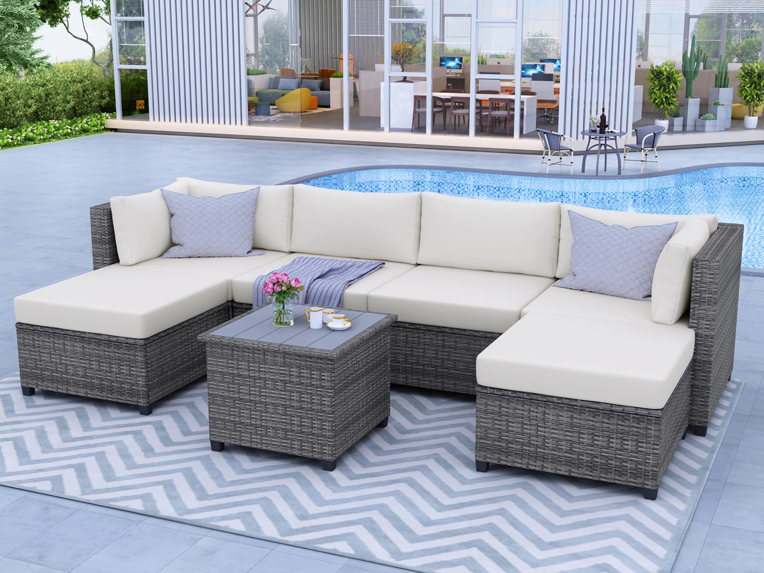 Bybafun Rattan Outdoor Sectional With Tan Cushion(S) And Rattan Frame ...