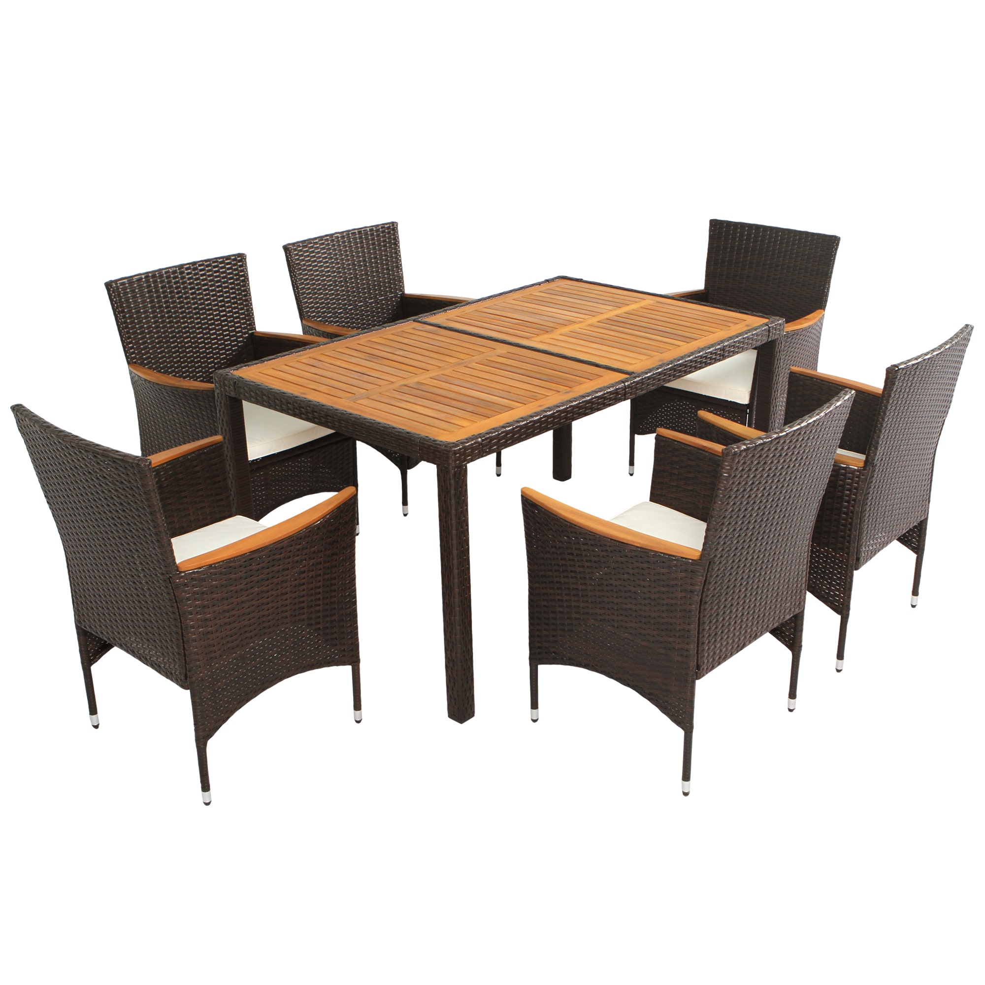 Brown Acacia Wood and Wicker Patio Dining Set with Cushions