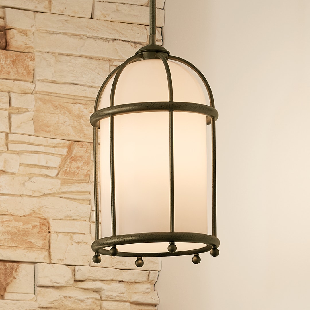 Elegant Farmhouse 1-Light Character Bronze Pendant with Opal Glass