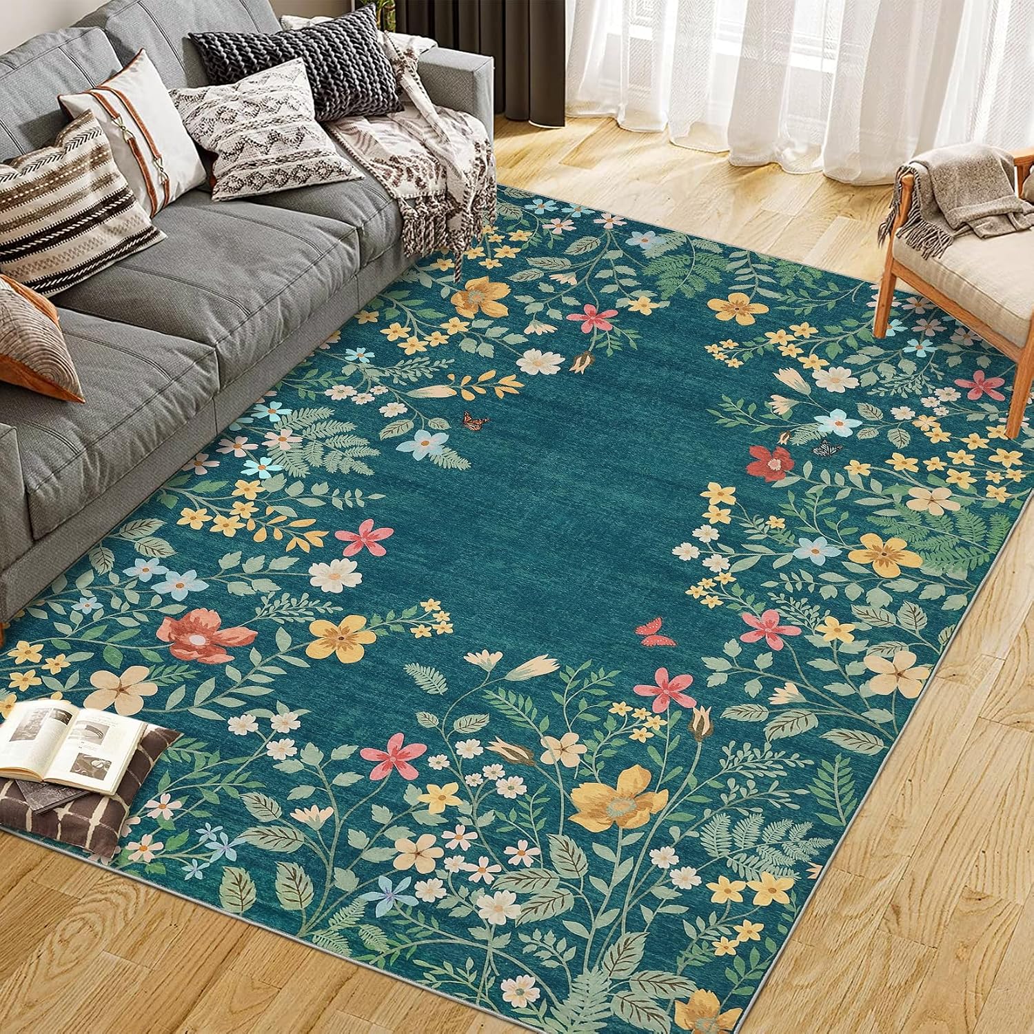 GAOMON Washable 8x10 Rug Non-Slip Soft Blue Botanical Area Rugs for ...