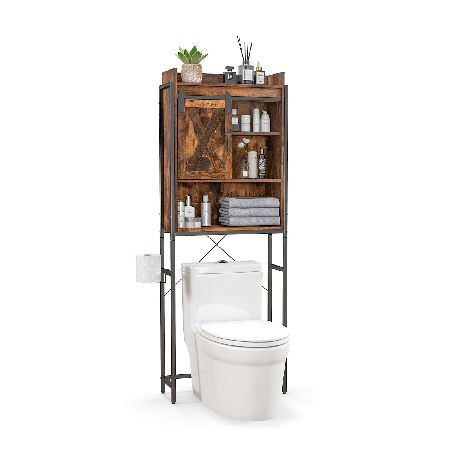 Slickblue D-CO-FC7187AB Over-the-Toilet Storage Cabinet with Toilet Paper Holder - 9.5x67.5x25 Rustic Brown/Brown 4-Shelf Bathroom Storage – Small Bathroom or Powder Room