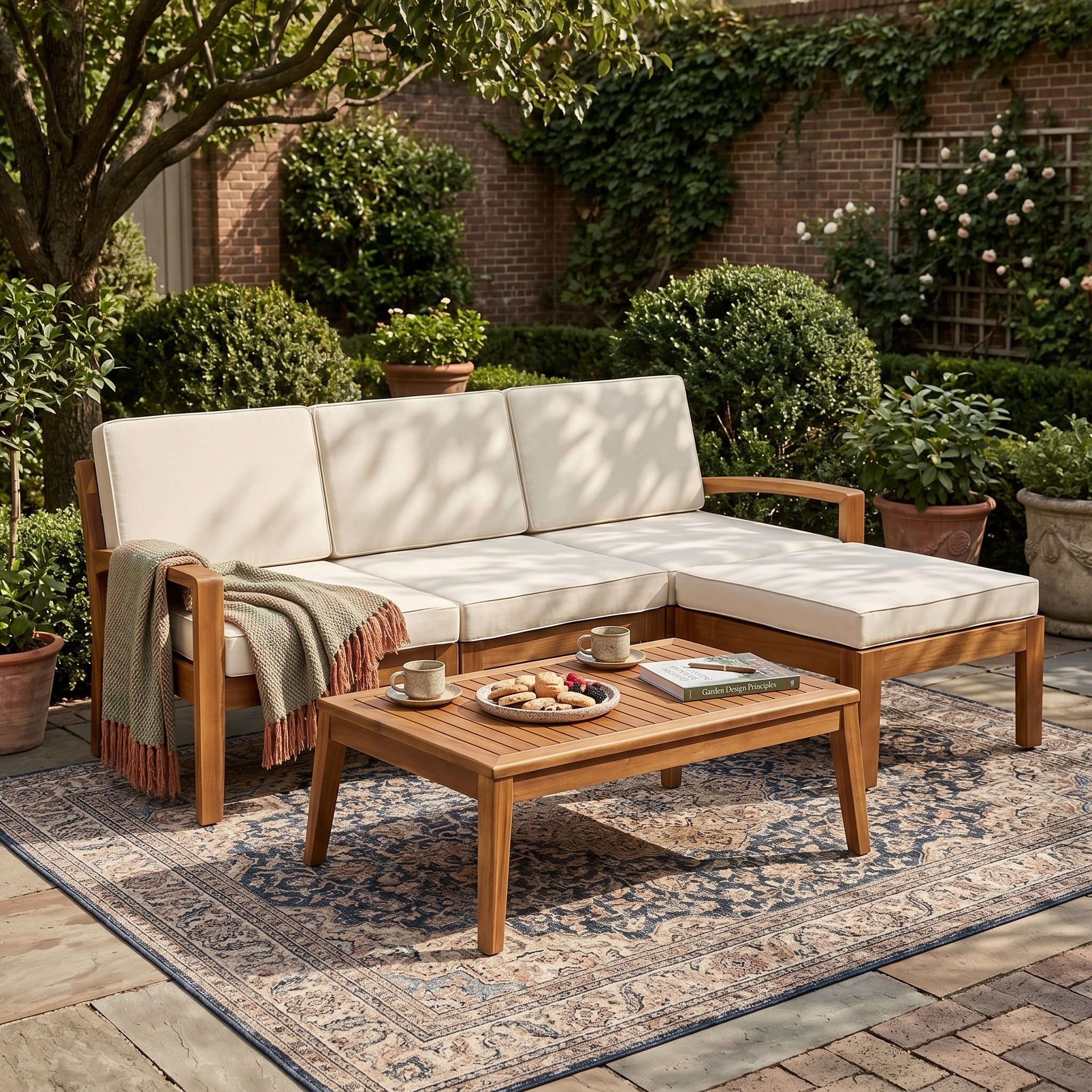 HyperDrop Cart 3-Piece L-Shape Acacia Wood Patio Sectional Sofa Set Weather-Shield Couch for Backyard Porch