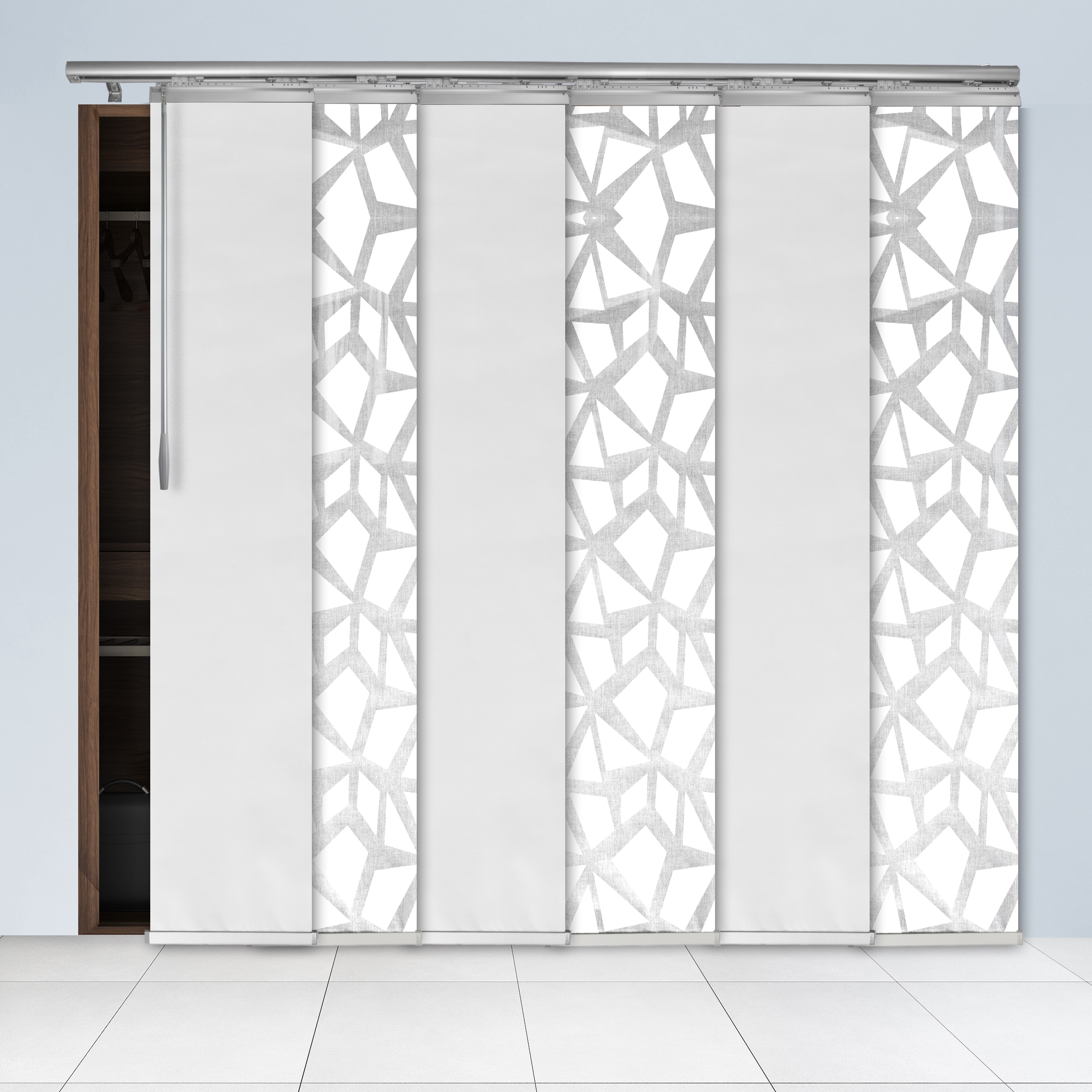 Hart & Harlow L-T16-6-3P10D3P25D 6-Panel Single Rail Panel Track 48-84-in W 15.75-in Slat Width 84.0-in x 91.4-in Cordless Lattice, Collandale White Fabric Light filtering Panel track blinds