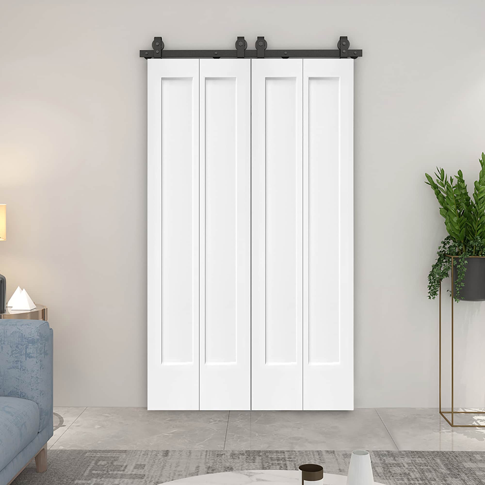 Fun Orange Double bifold 60-in x 80-in White MDF Sliding Barn Door (Hardware Included)