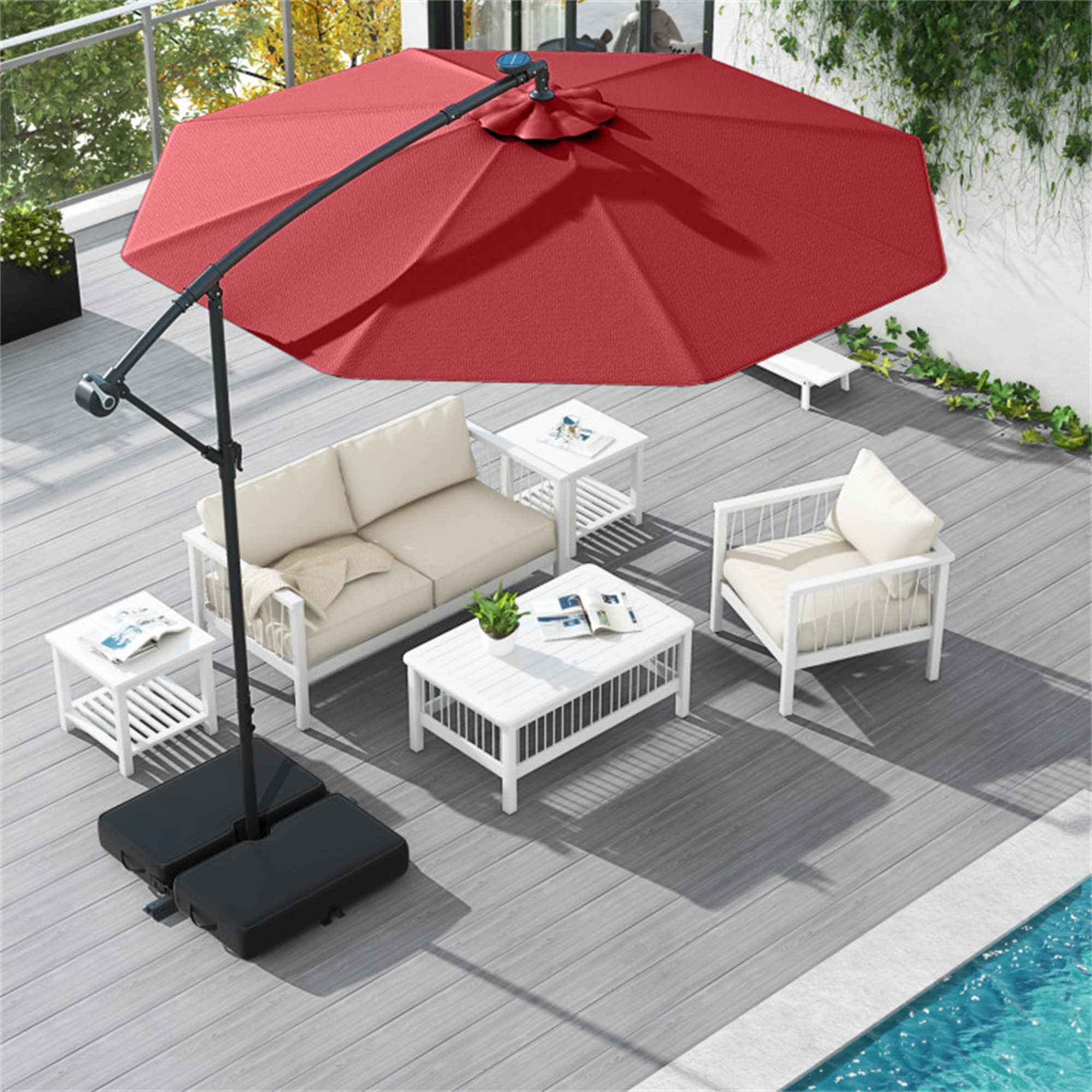 BABOOM BOM-11657WN-CO 10-ft Steel Red Crank Cantilever Patio Umbrella with Lights with Base
