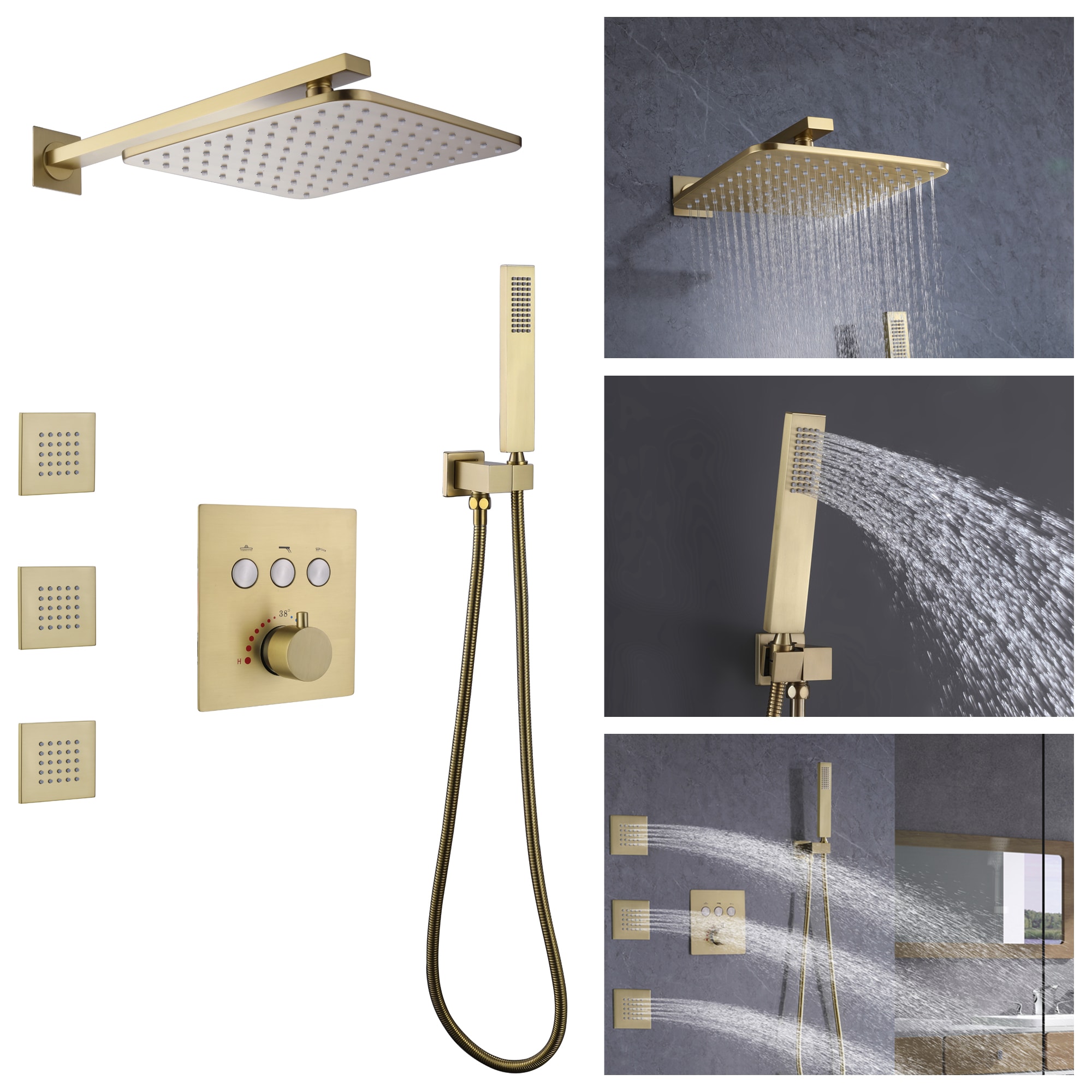 WELLFOR WB-0977 Brushed Gold 9.92-in Dual Head Built-In Shower Faucet System with 3-way Diverter ( Thermostatic Valve Included )