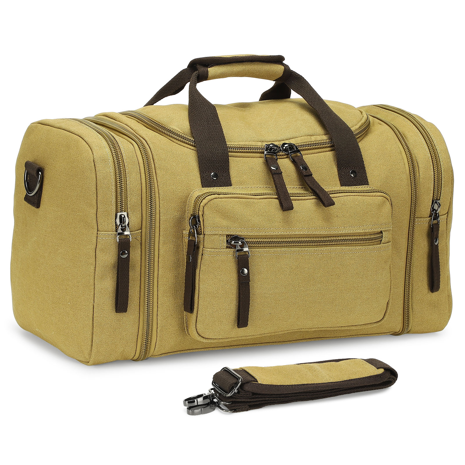 Unique Bargains Expandable Canvas Duffel 50cm-58cm Sturdy Zipper and Reinforced Handles Lightweight Carry-On Weekender Bag for 3-5 Day Trips Khaki
