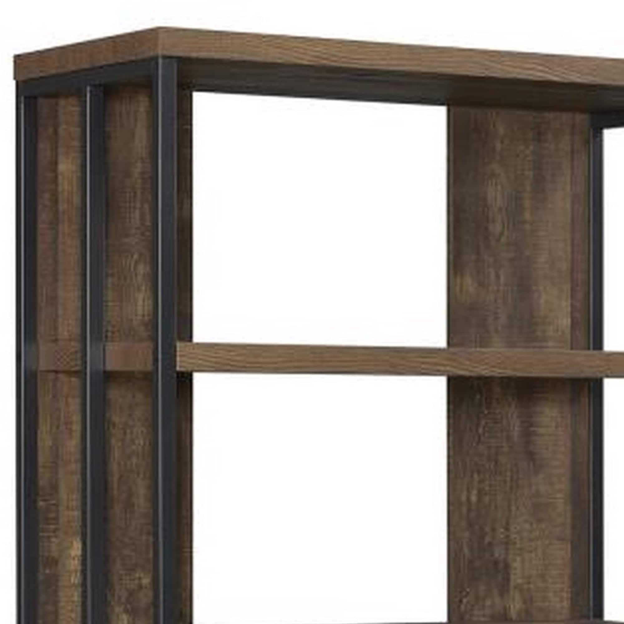 Transitional Herringbone 3-Tier Brown Wooden Bookcase with Doors
