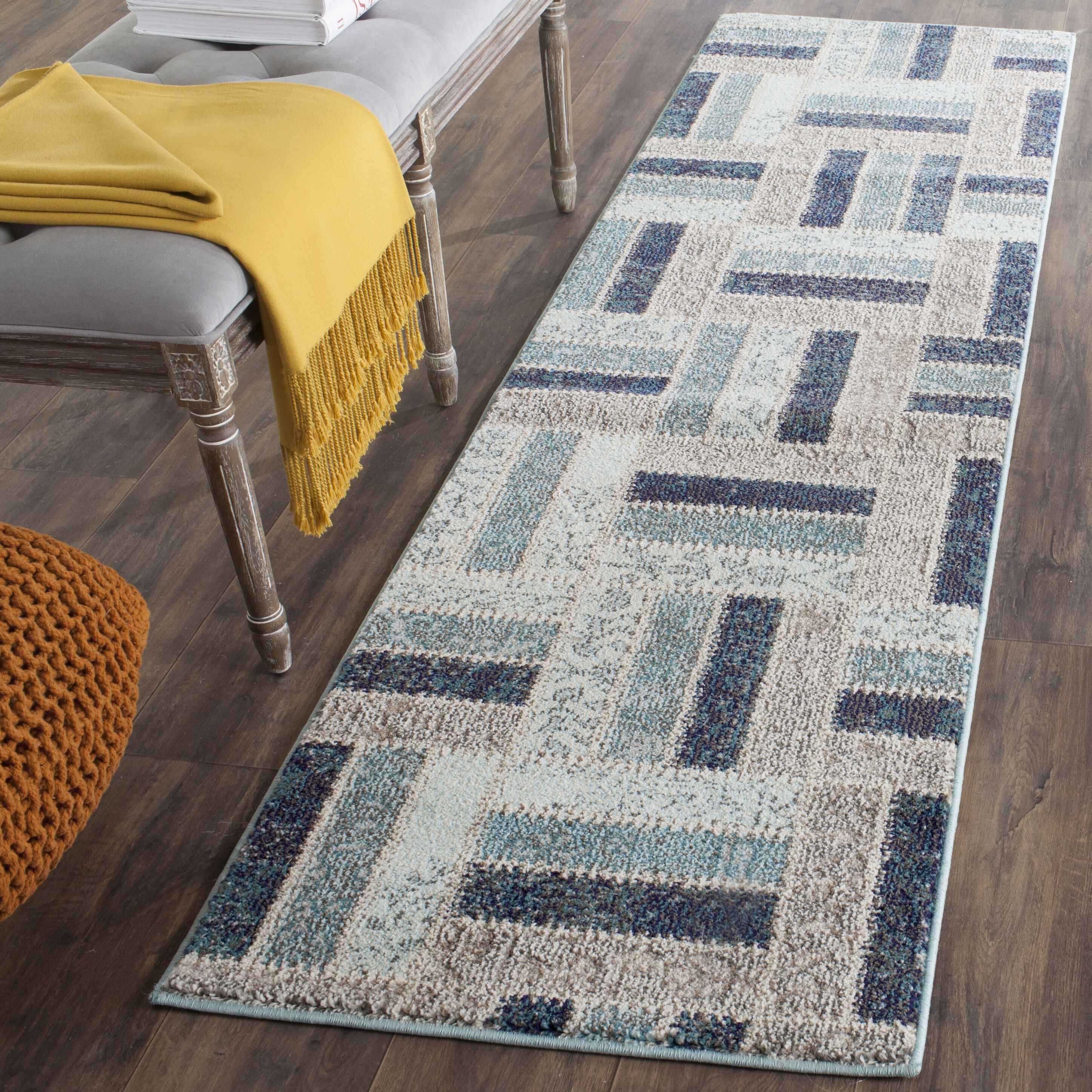 Safavieh MNC214E-28 Monaco Dobby 2 x 8 (ft) Loomed Polypropylene Gray/Blue Rectangular Indoor Geometric Mid-Century Modern Runner rug