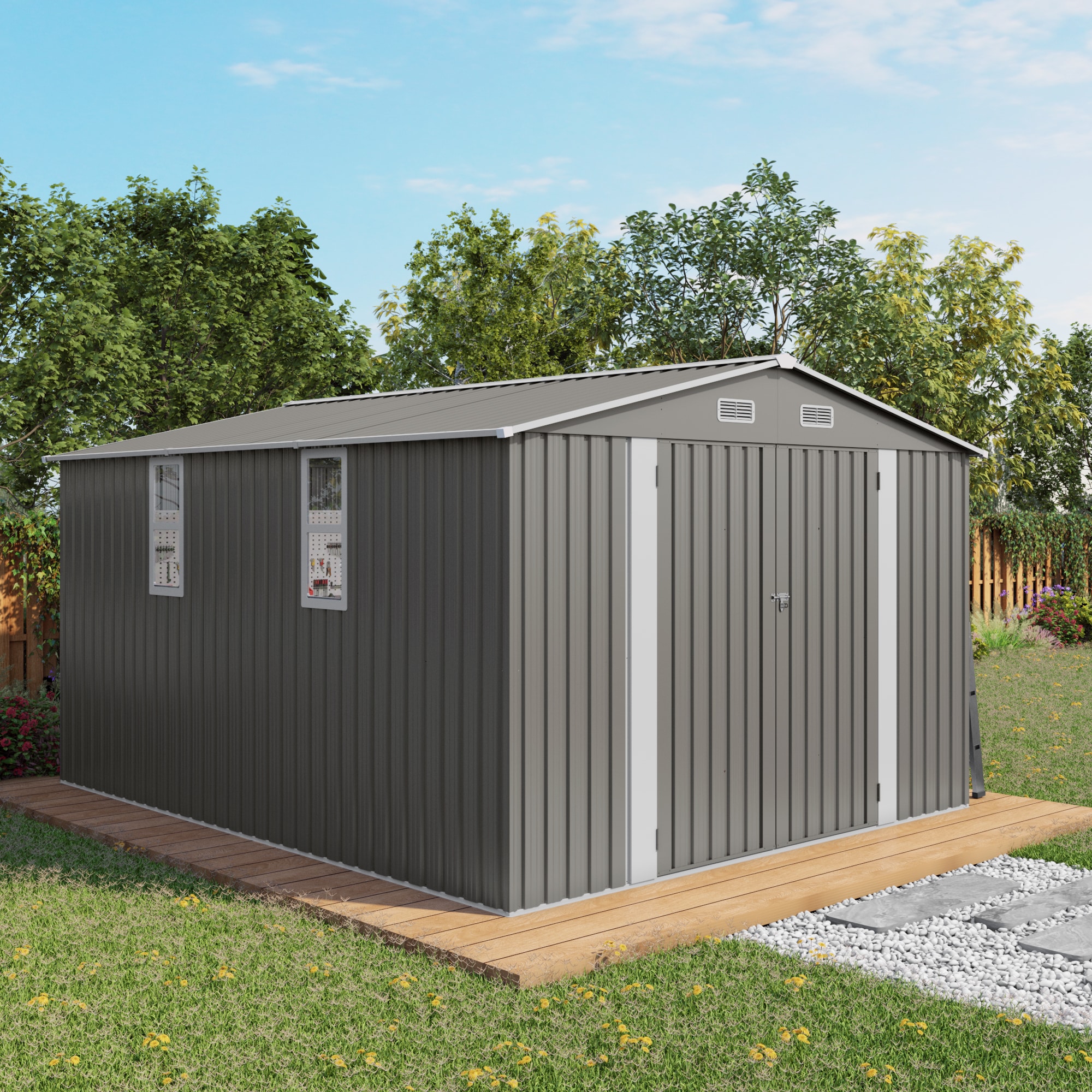 Boho Havens - 10x12 FT Outdoor Storage Shed Large Metal Garden Shed with Double Door and Two Tran...