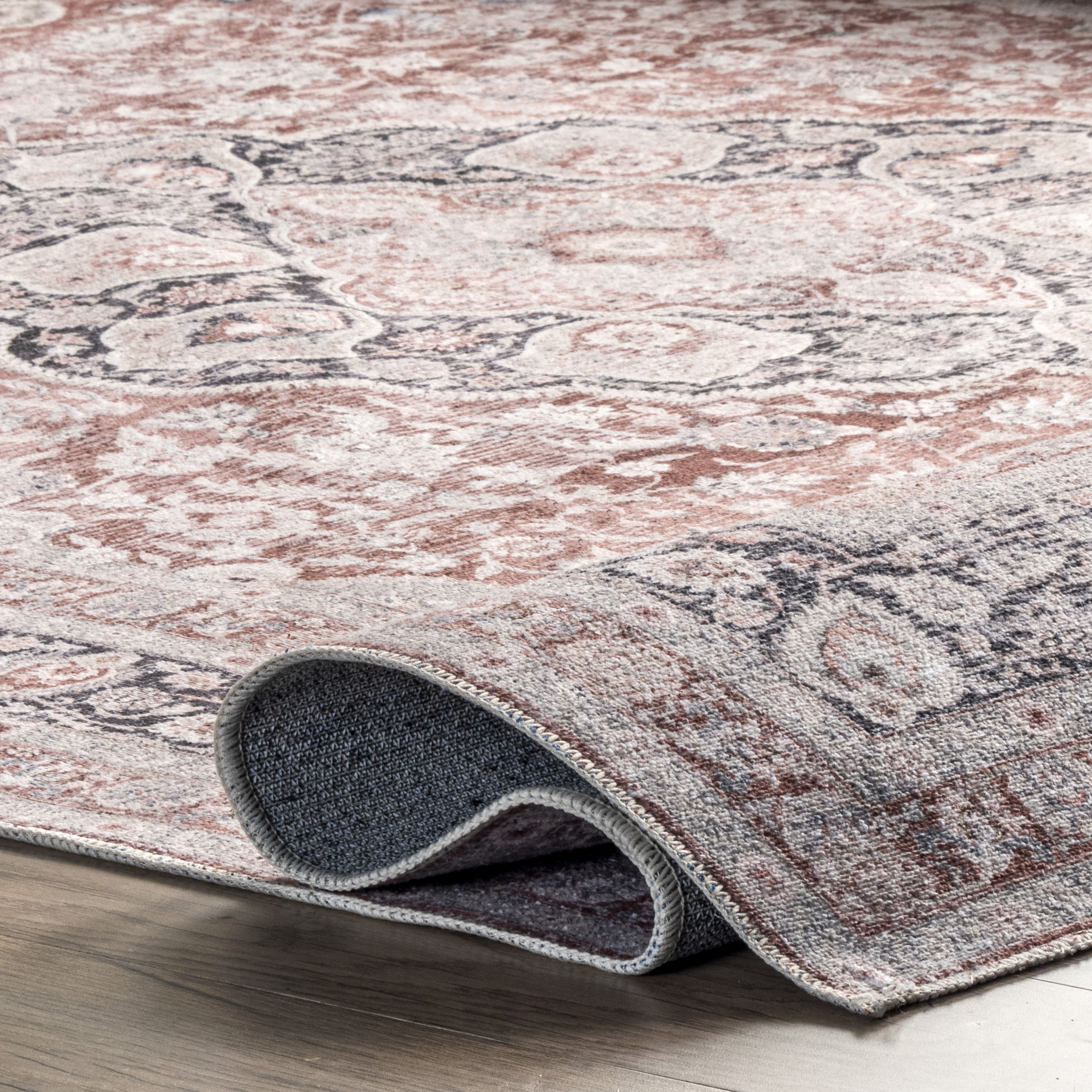 Red and Beige Synthetic 4' x 6' Washable Rectangular Area Rug