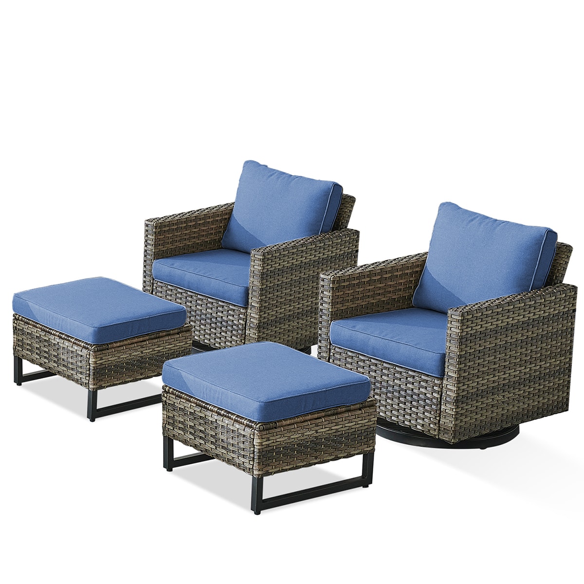 Rilyson FS069097-1 U-FEET Set of 2 Wicker Gray Wicker Frame Swivel glider Conversation Chair with Gray Blue Cushioned Seat