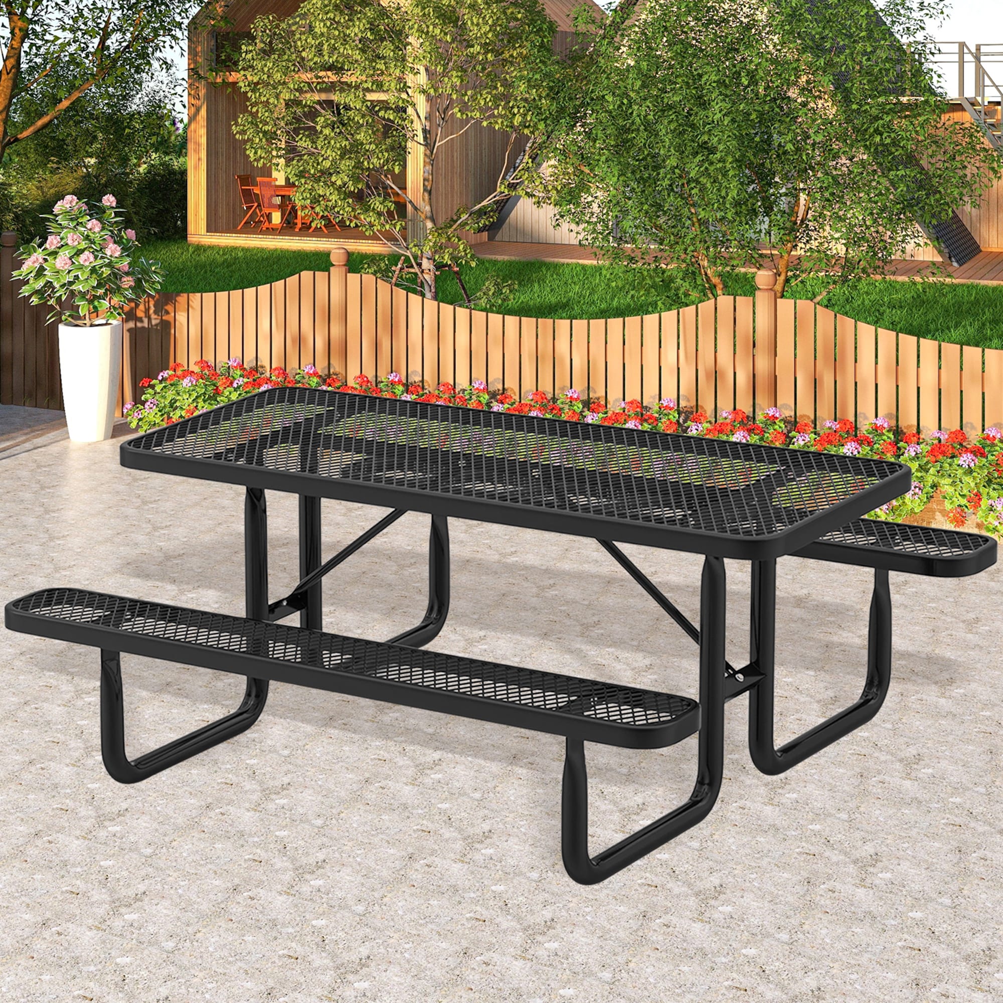 LIVIZA TDJ11794BK-X 71-in Black Steel Rectangle Picnic Table