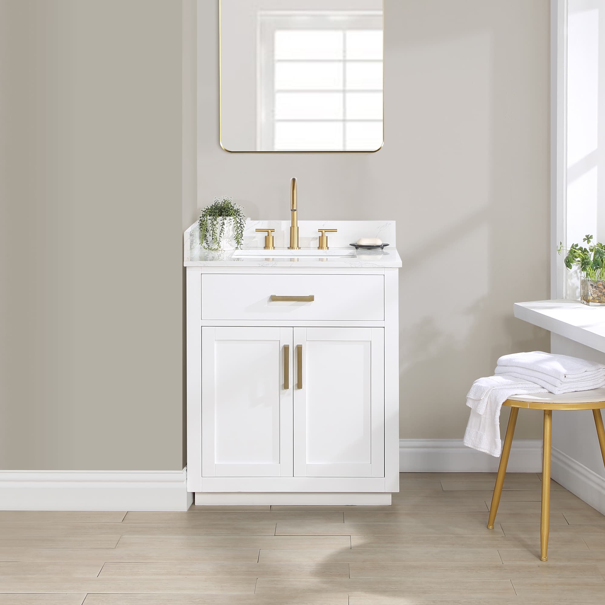 Altair 557030-WH-GW-NM Gavino 30-in White Finish Undermount Single Sink Bathroom Vanity with Grain White Engineered Stone Top