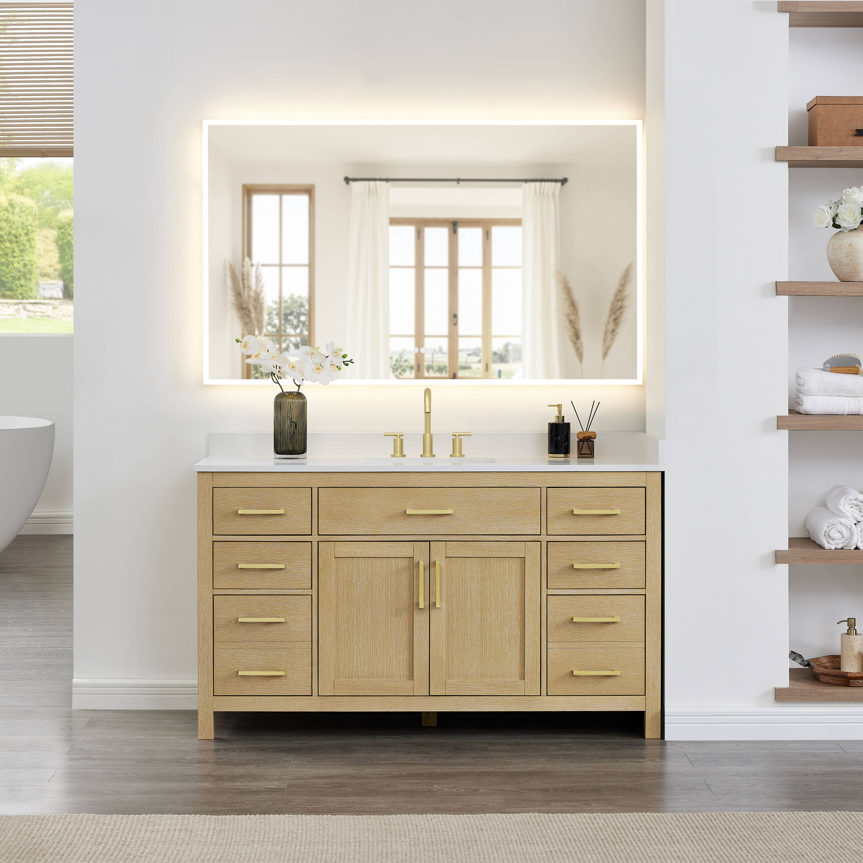 Wyndham Collection Beckett 60-in Whitewashed Oak with Brushed Gold Trim Undermount Single Sink Bathroom Vanity with White Cultured Marble Cultured Marble Top