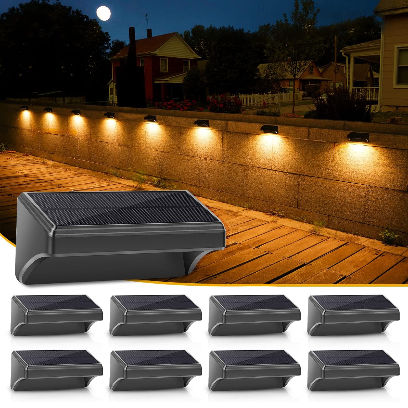 Misopily 8 Pack Solar Fence Lights 5.91 inch Outdoor IP65 Waterproof 100 Lumen Warm White RGB 10 Mode Fence Step Deck Wall Garden Yard Lighting