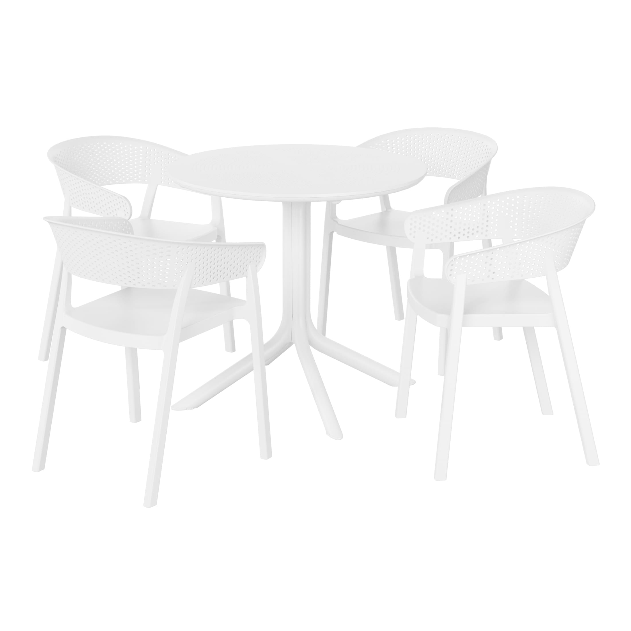 Westin Furniture OP3092-WH FrondForm 5 -Piece White Patio Dining Set Plastic Round Table with 4 Stackable Stationary Chairs