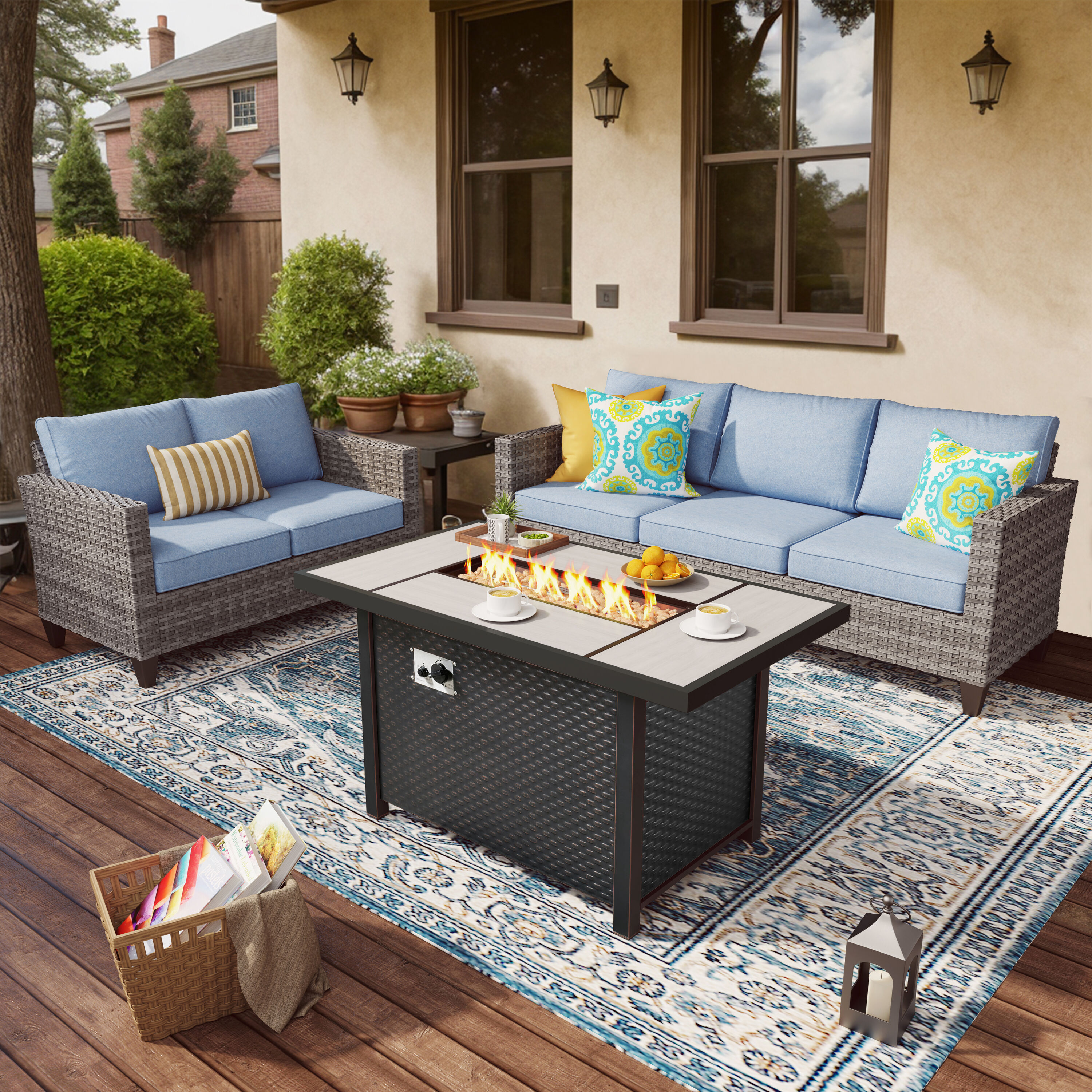 XIZZI XSQL3132-IFP Ruby Rattan Outdoor Sofa with Blue Cushions and Rattan Frame