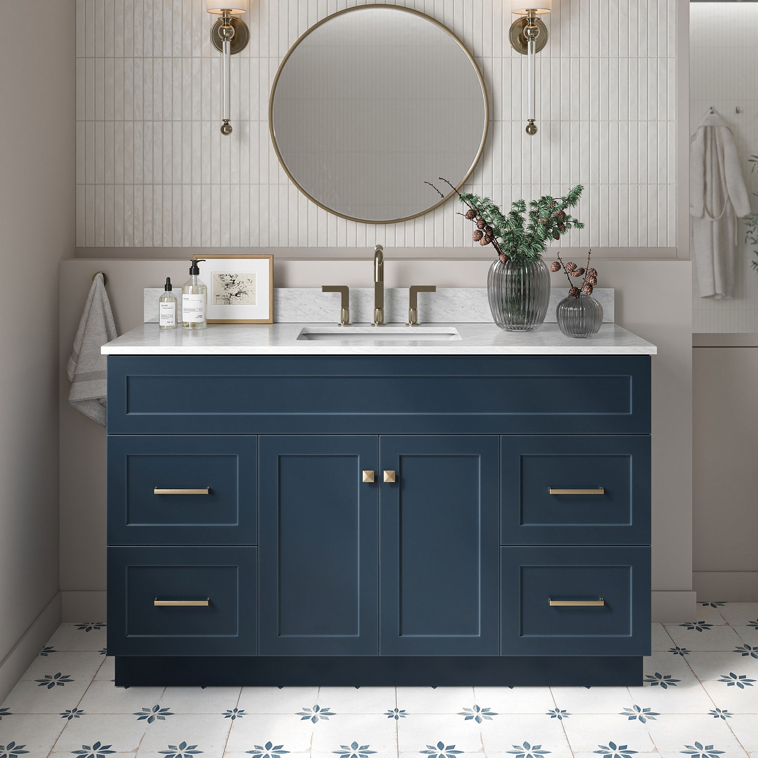 ARIEL F055SCW2RVOMNB Hamlet 55-in Midnight Blue Undermount Single sink Bathroom Vanity with 0.75" Carrara White Marble Natural marble Top