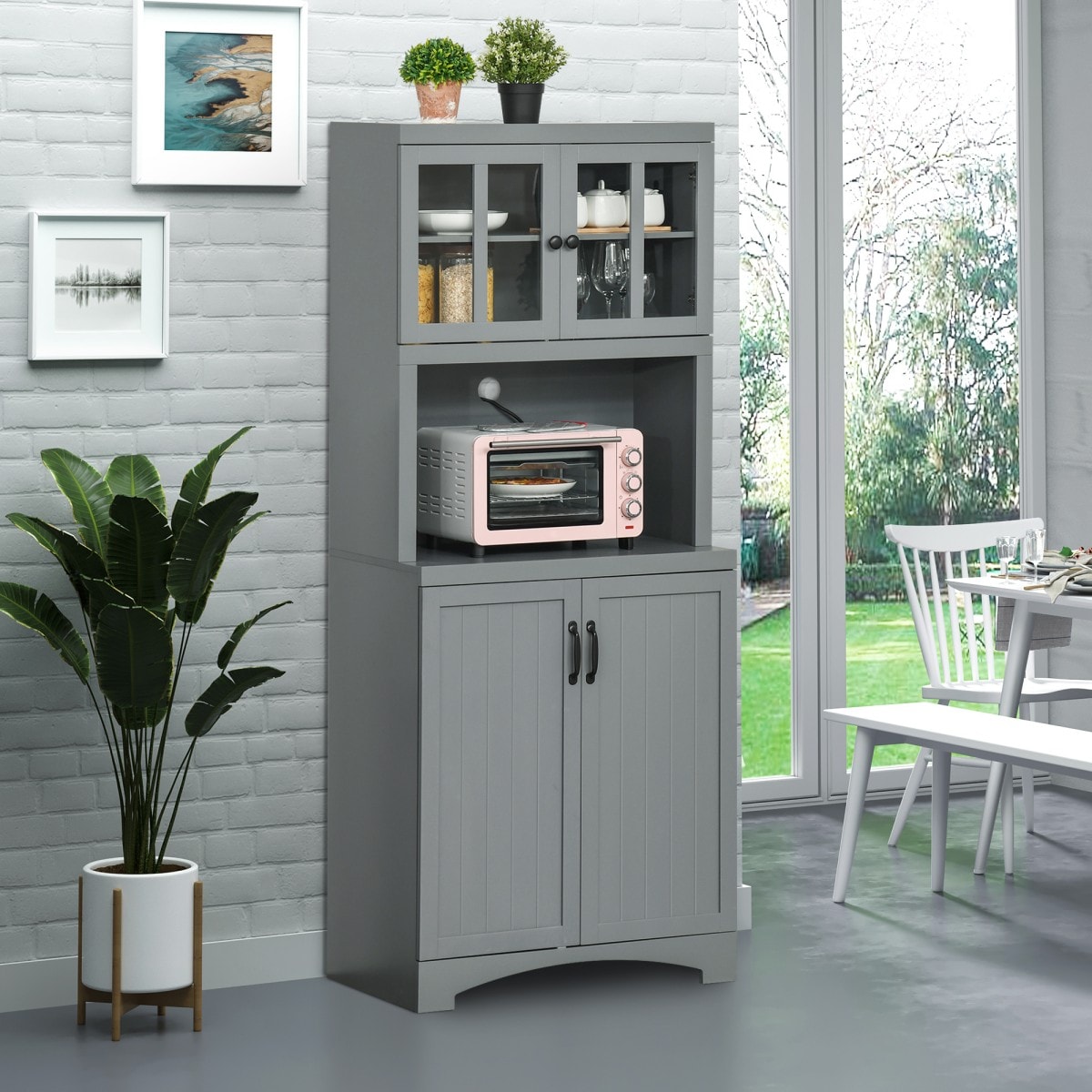 GlasFlength  70 Inch Tall Utility Storage Cabinets Kitchen Storage Cabinet with Doors and Open Counter Sideboard for Kitchen Dining Room Living Room Gray