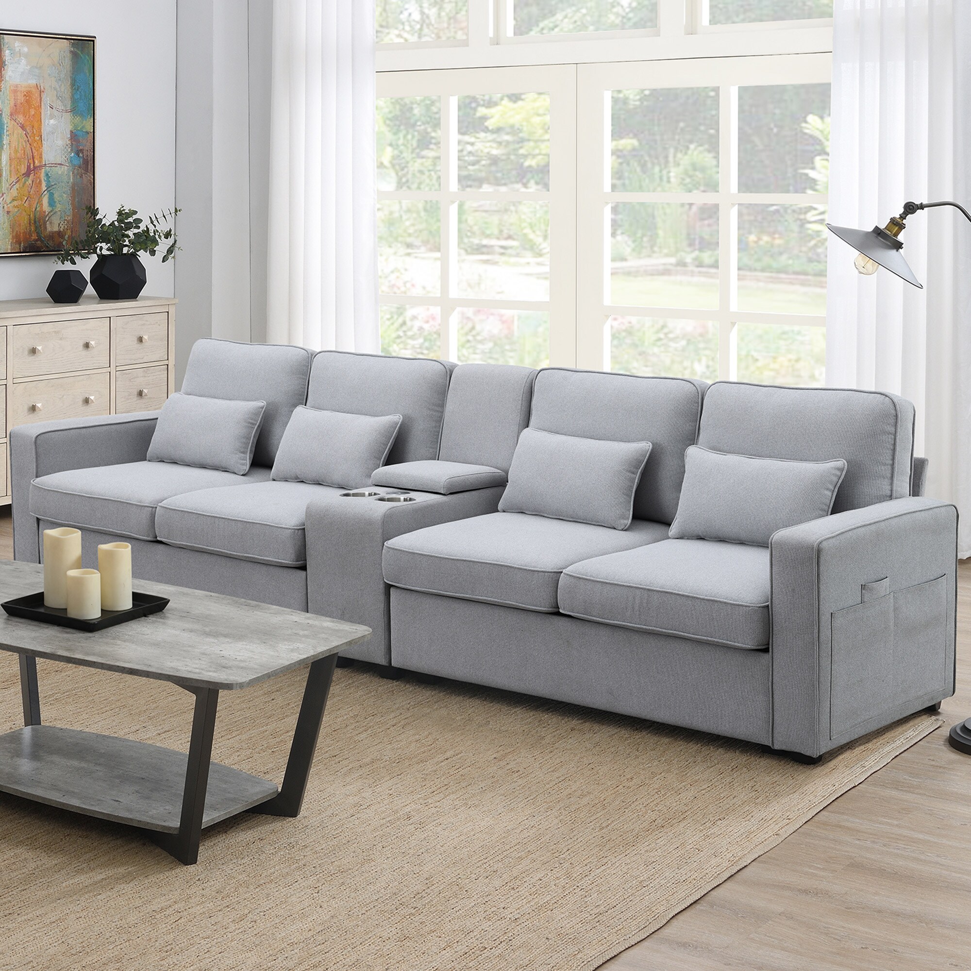 ModernLuxe GS000086AAE Upholstered Sofa with Console 2 Cupholders and 2 USB Ports Wired or Wirelessly Charged Modern Linen Fabric Couches with 4 Pillows for Living Room Apartment 4Seat
