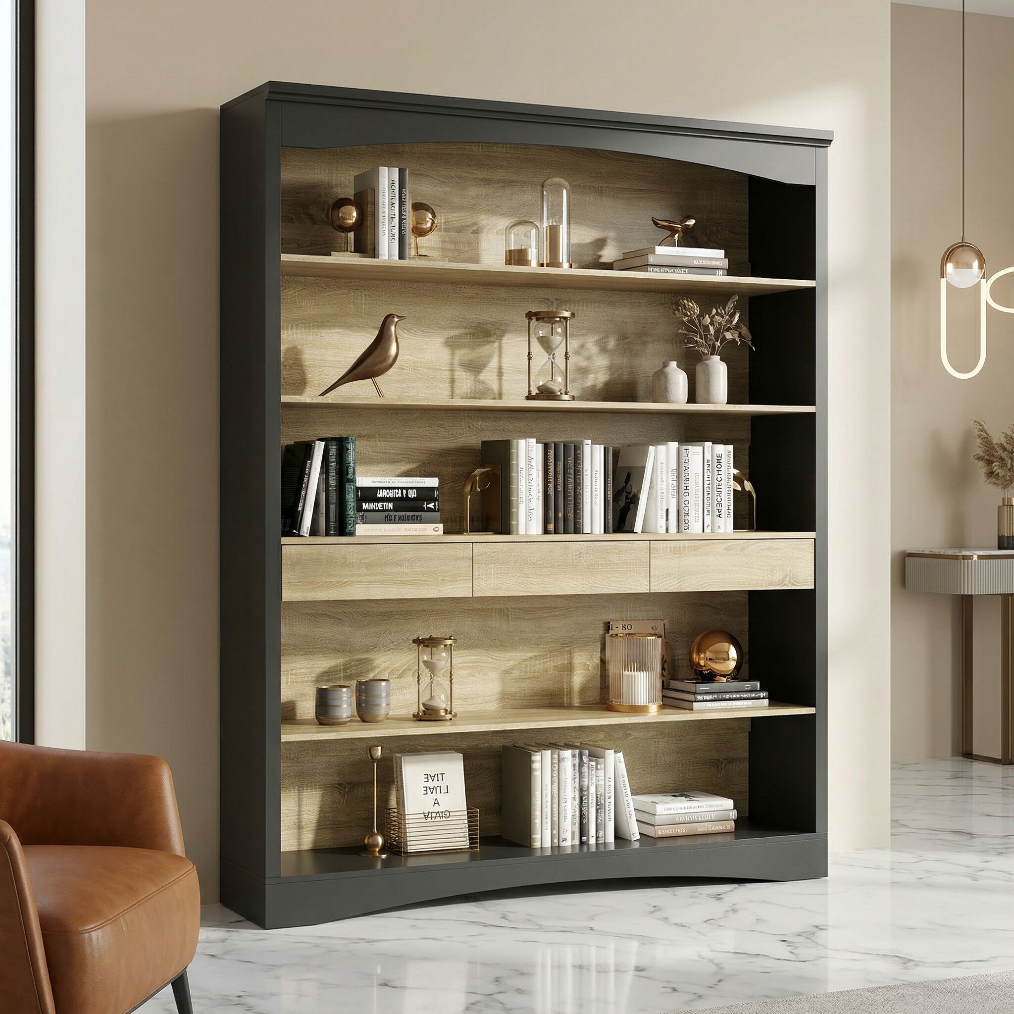 FUFU&GAGA Modern Bookcase Cabinet Black And Brown Composite Bookcase ( 65-in W x 78.7-in H x 12.7-in D ) Finished