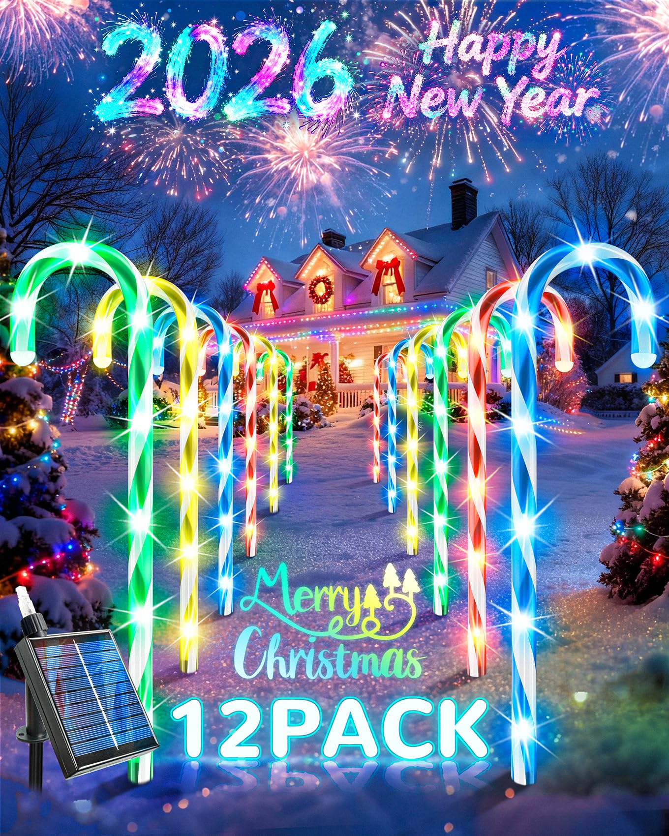 AOIZGMY  Solar Christmas Candy Cane Stake Lights 12 pack Waterproof LED Outdoor Pathway Yard Garden Decor Multicolor Lighting for Holiday and New