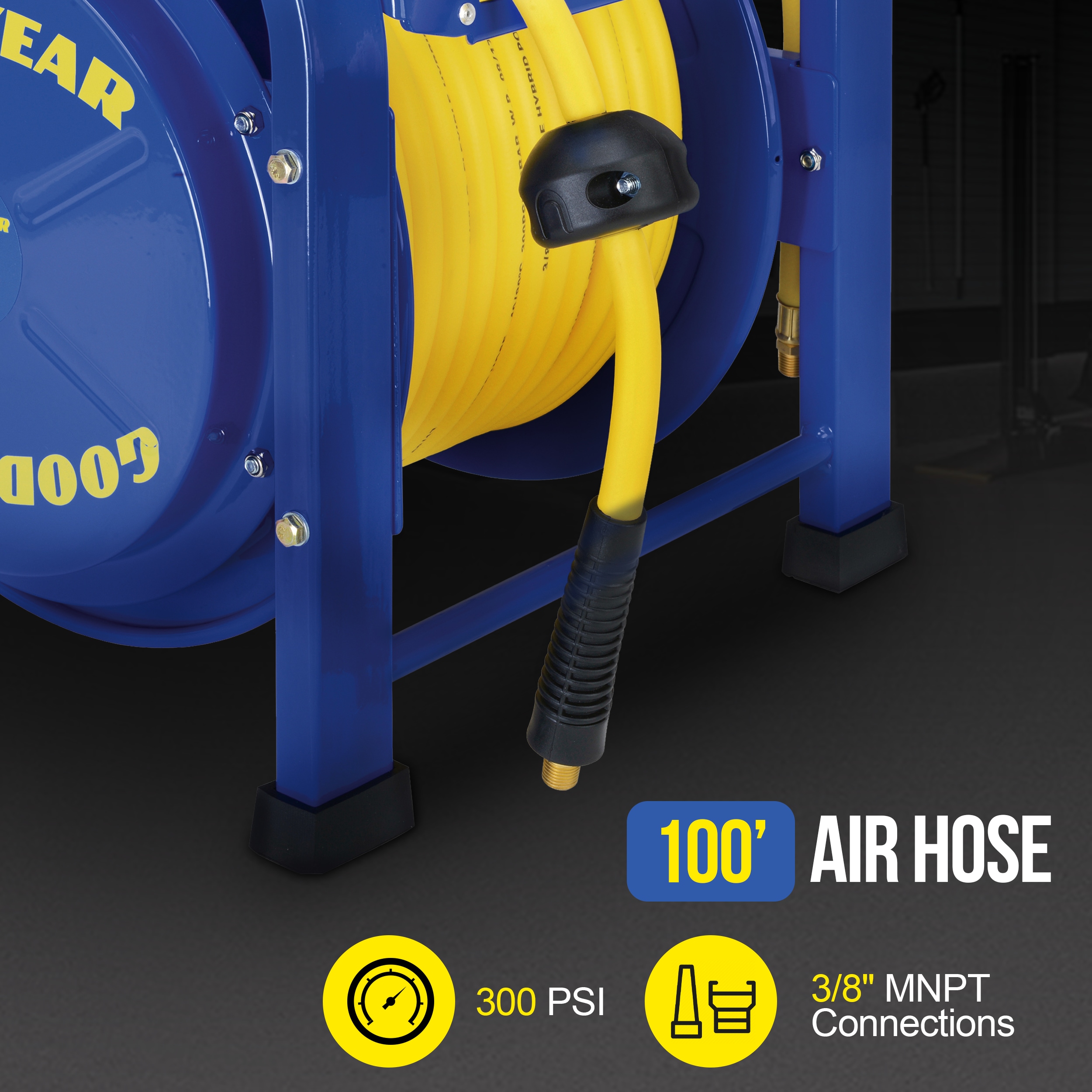 Goodyear Goodyear Portable Industrial Retractable Air Hose Reel- 3/8in X  100ft, 3/8in Mnpt Connections in the Air Compressor Hoses department at