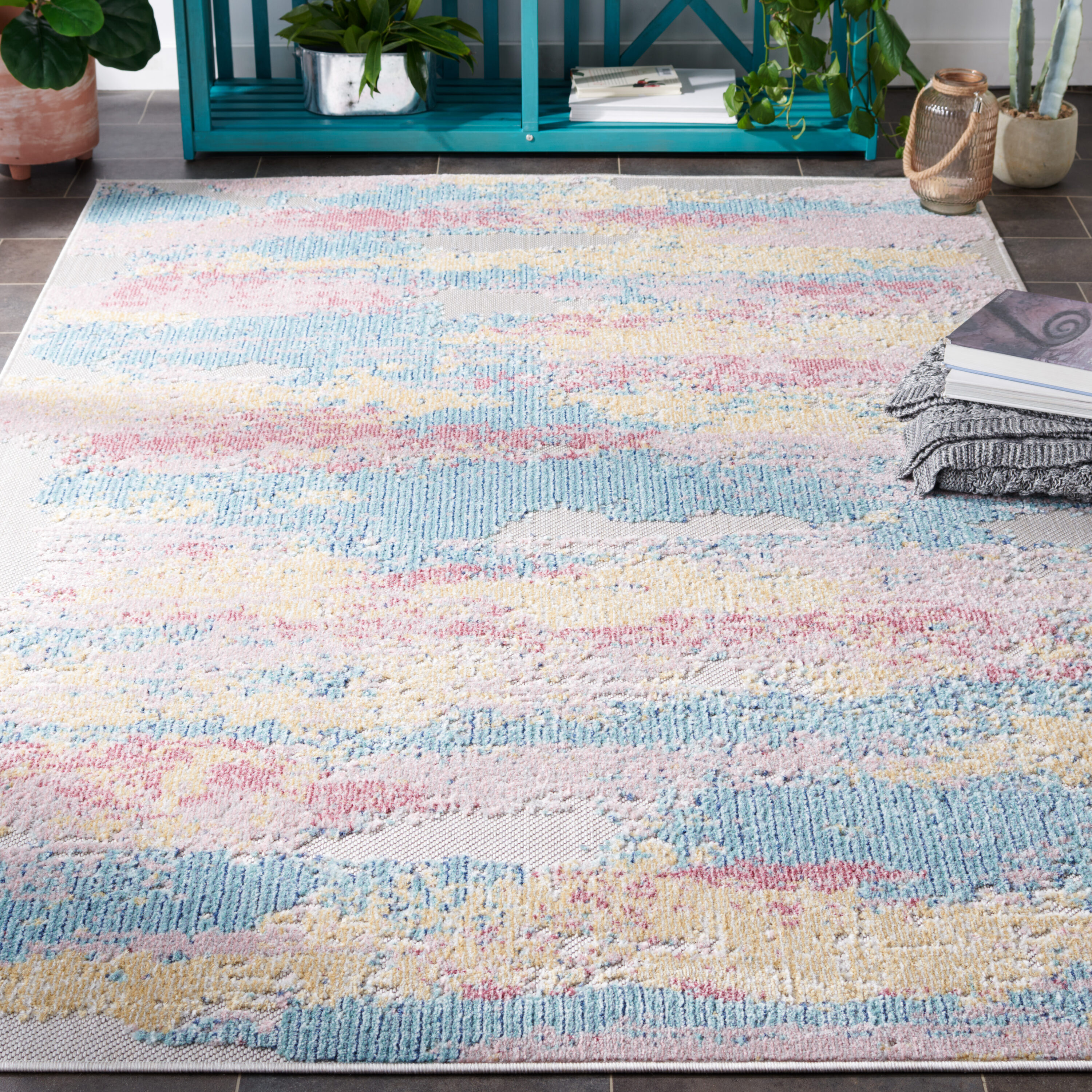 Aqua and Pink Geometric Synthetic Indoor/Outdoor Area Rug