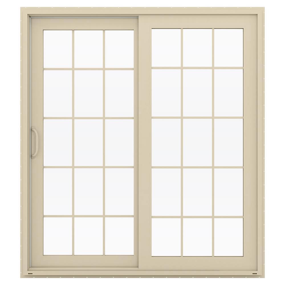 JELD-WEN 72-in x 80-in x 4-9/16-in Jamb Low-e Argon Simulated Divided Light Almond Vinyl Sliding Left-Hand Sliding Double Patio Door Screen Included -  LOWOLJW155900032