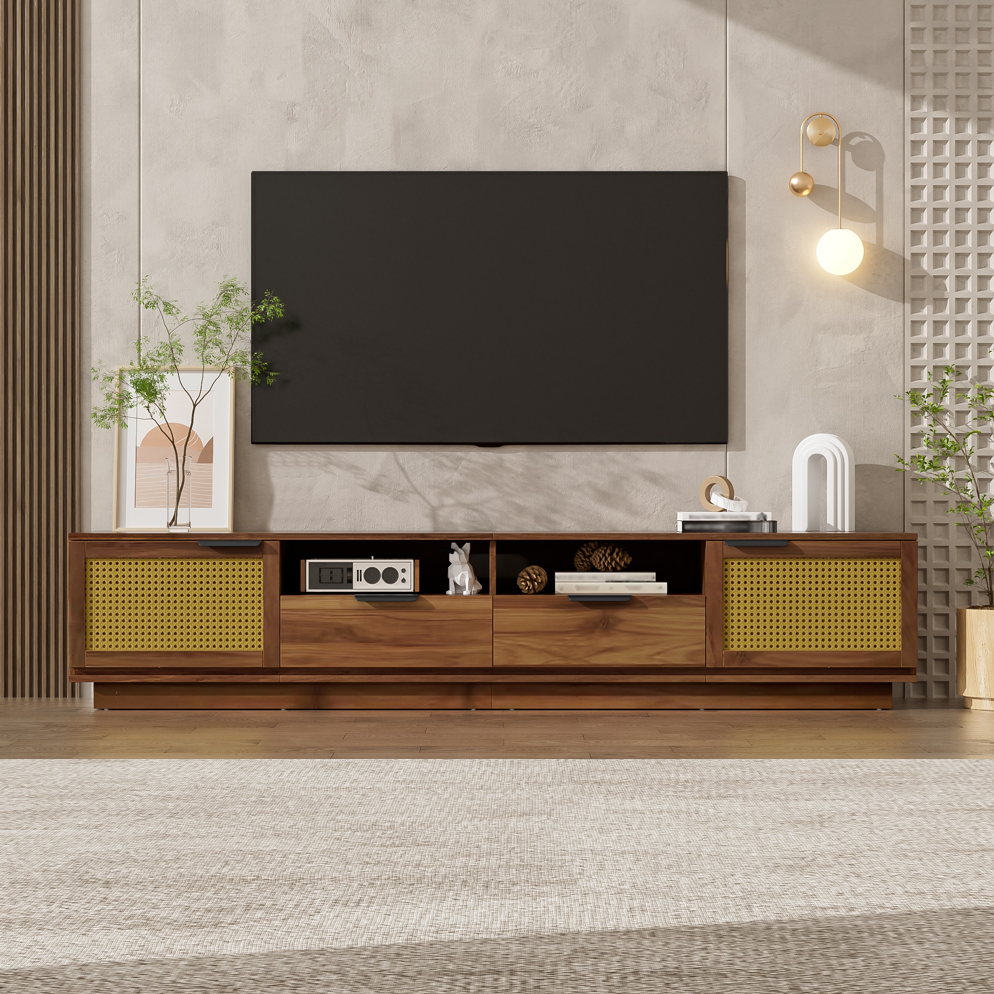 LUXEYARD - 78-Inch TV Stand for TVs up to 85-inch Media Console with Rattan Front Panels Two Draw...