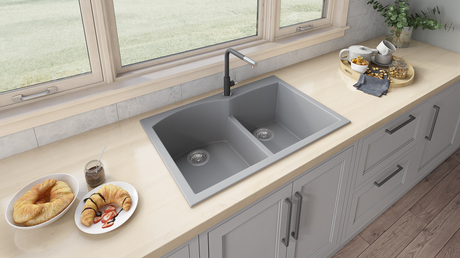 Silver Gray Stone Double Bowl Drop-in Kitchen Sink