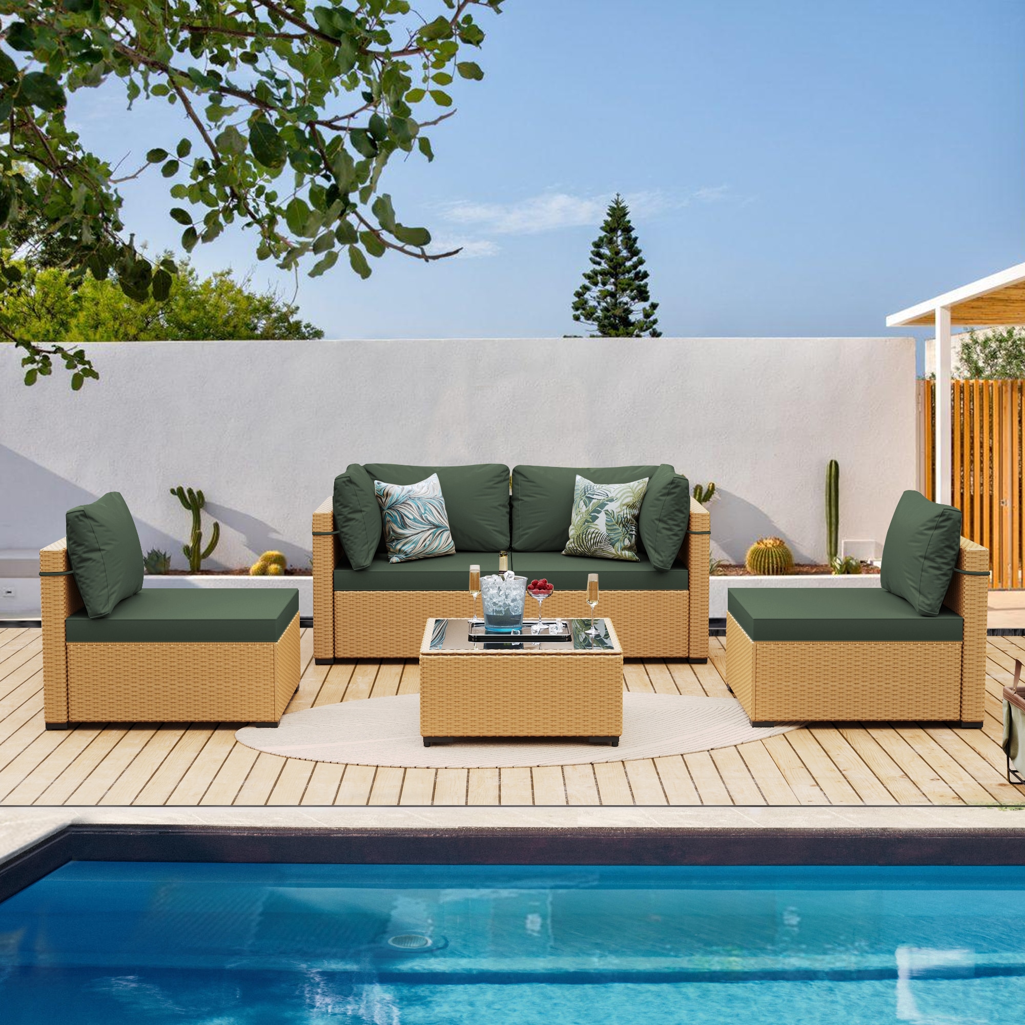 Patio Watcher LS-RT5-Y3 Rattan Sofa Set 5 -Piece Wicker 4 Patio Sofa Conversation Set with Green Cushions
